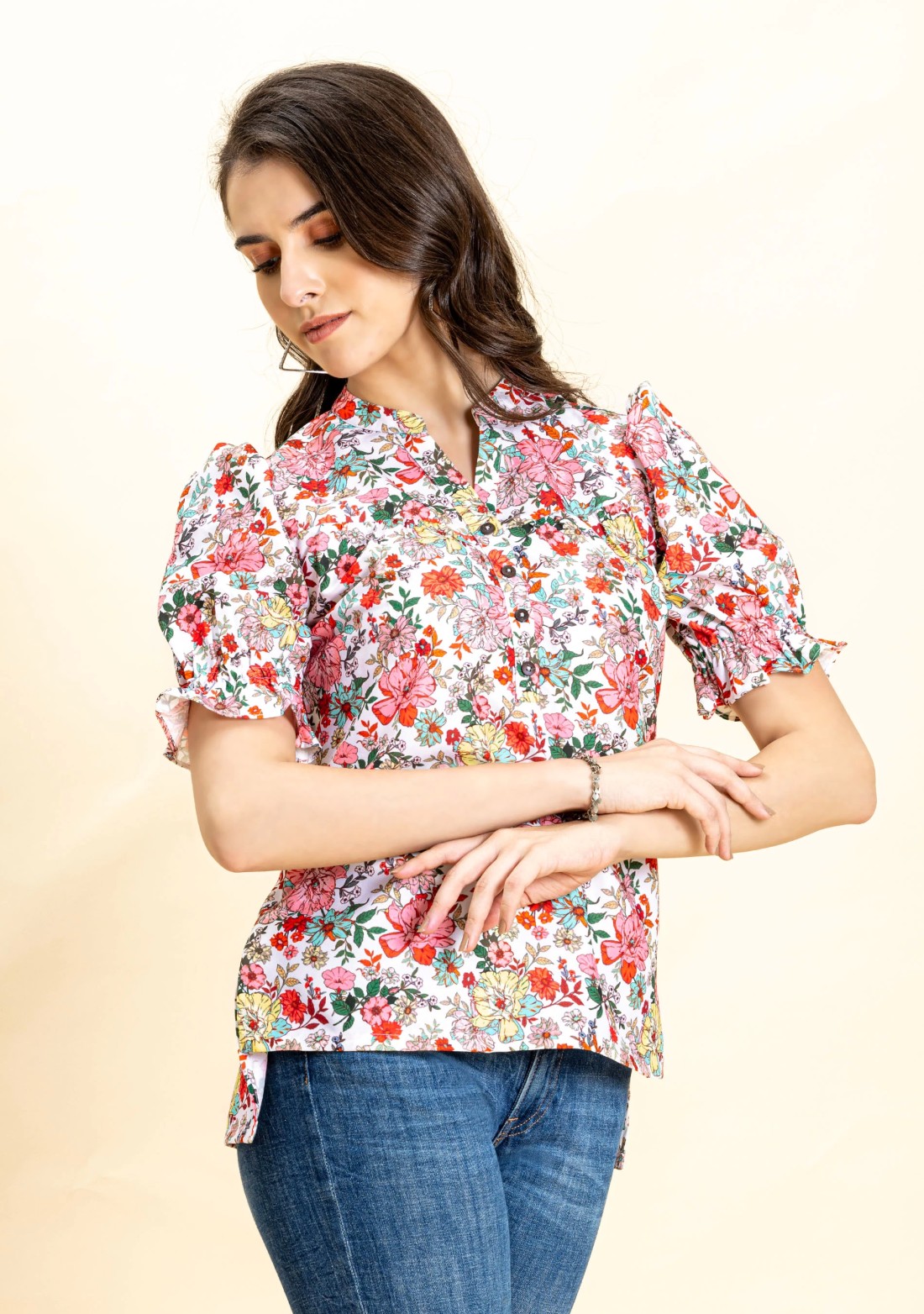 Multi Colour Floral Print Rayon Button Down Top