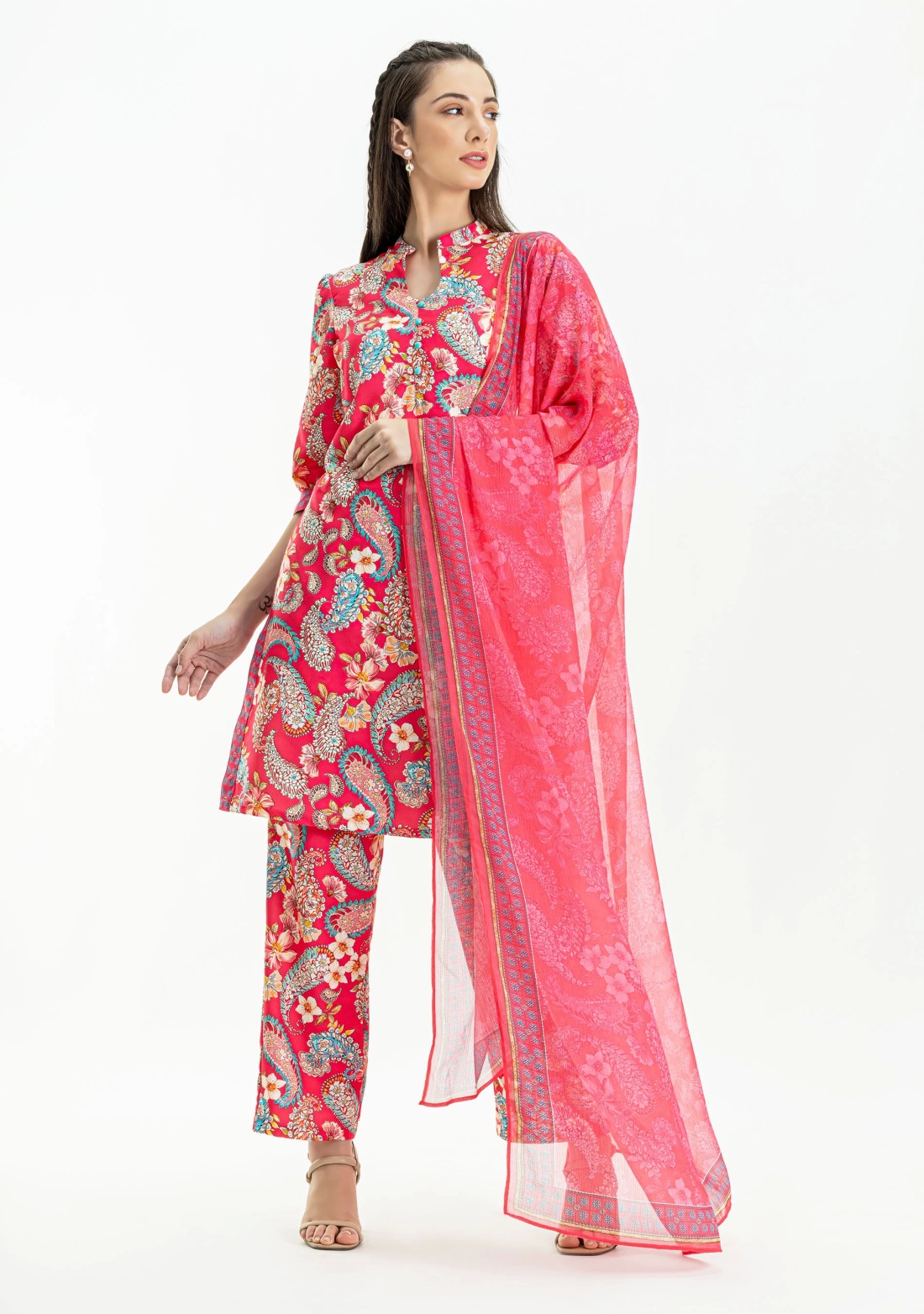 Fuchsia Pink Paisley Print Rayon Straight Kurti with Pants and Dupatta Set