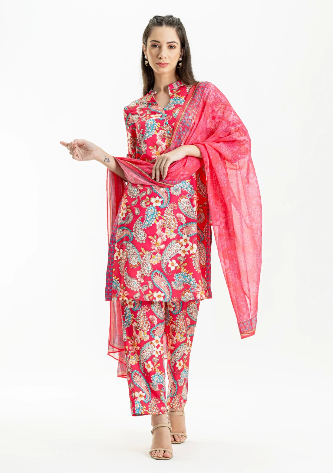 Fuchsia Pink Paisley Print Rayon Straight Kurti with Pants and Dupatta Set