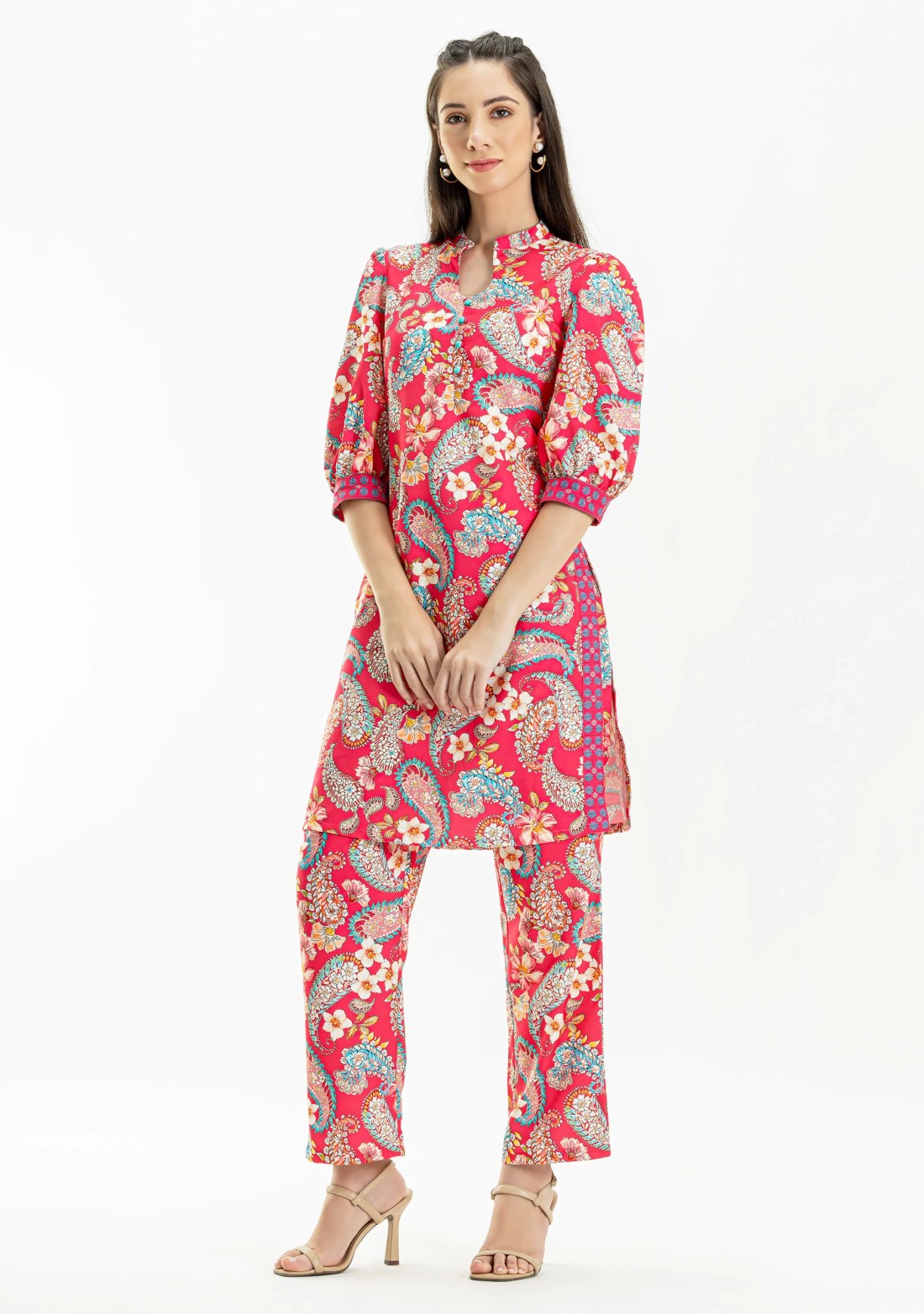 Fuchsia Pink Paisley Print Rayon Straight Kurti with Pants and Dupatta Set