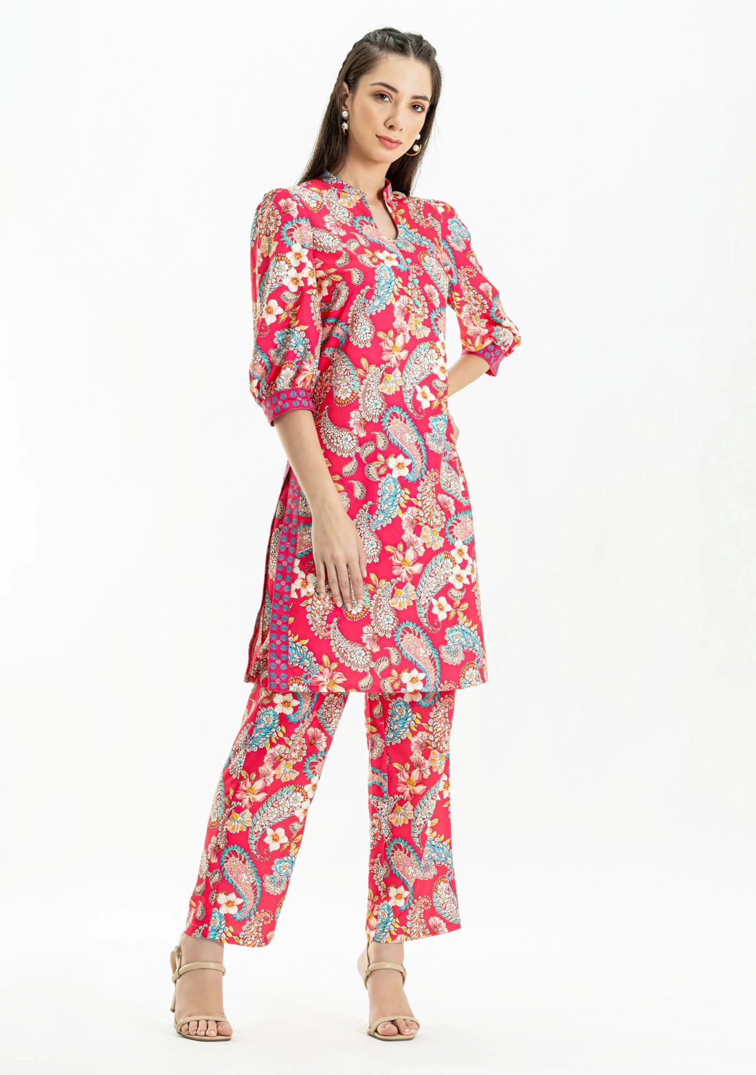 Fuchsia Pink Paisley Print Rayon Straight Kurti with Pants and Dupatta Set