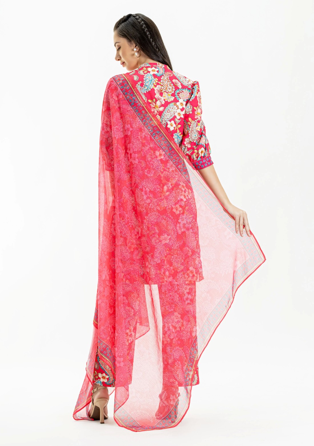 Fuchsia Pink Paisley Print Rayon Straight Kurti with Pants and Dupatta Set