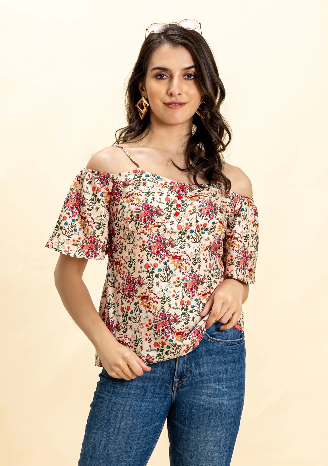 Multi Colour Floral Print Rayon Cold Shoulder Top