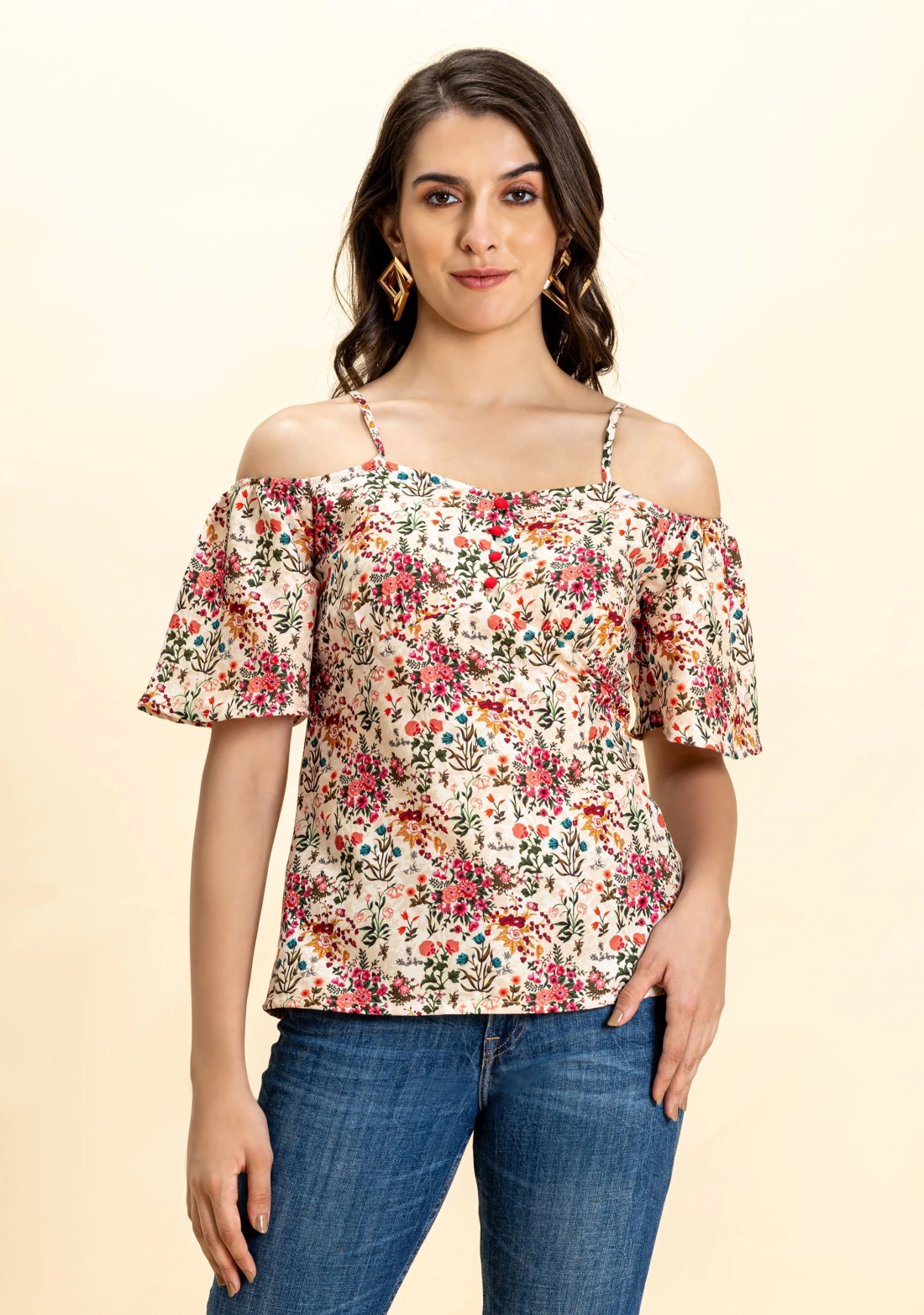 Multi Colour Floral Print Rayon Cold Shoulder Top