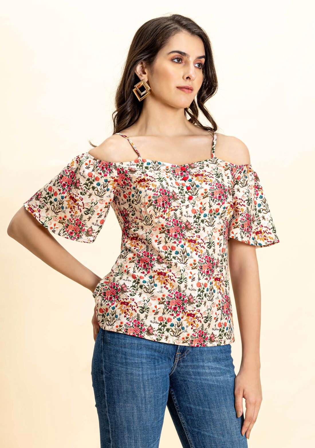 Multi Colour Floral Print Rayon Cold Shoulder Top