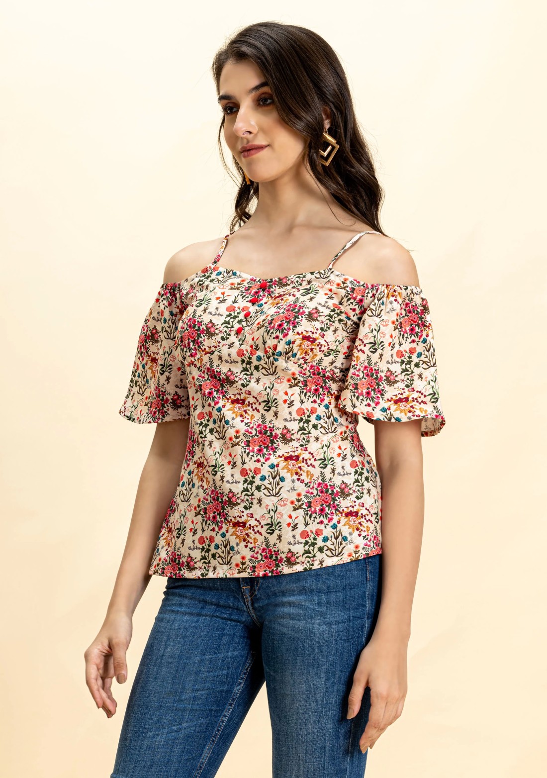 Multi Colour Floral Print Rayon Cold Shoulder Top