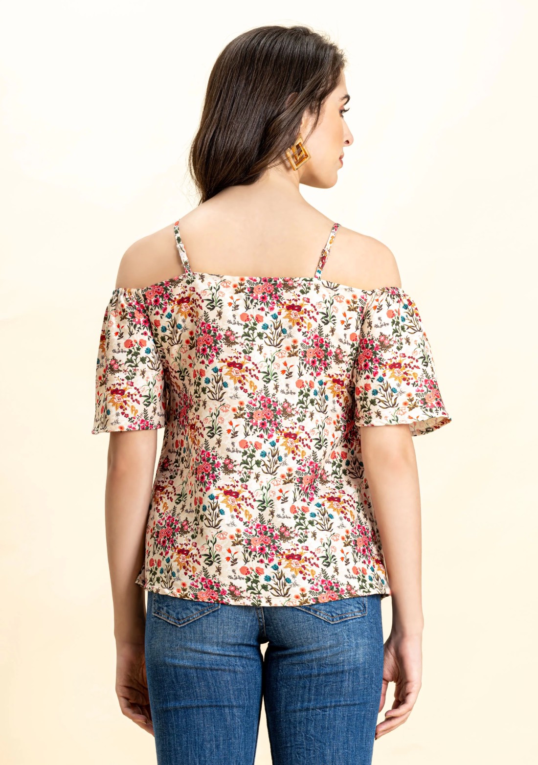 Multi Colour Floral Print Rayon Cold Shoulder Top