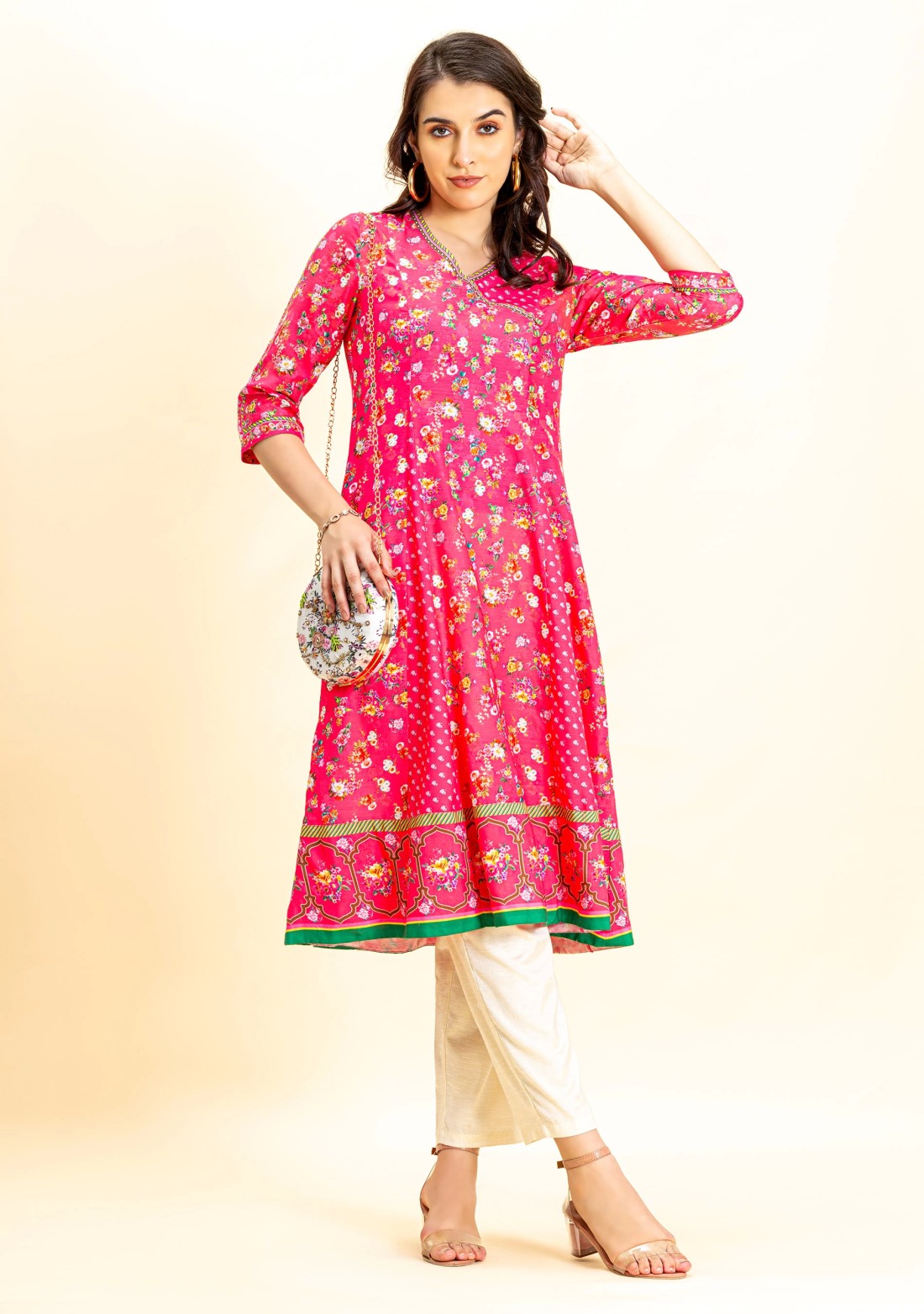 Pink Floral Print Flared Kurta