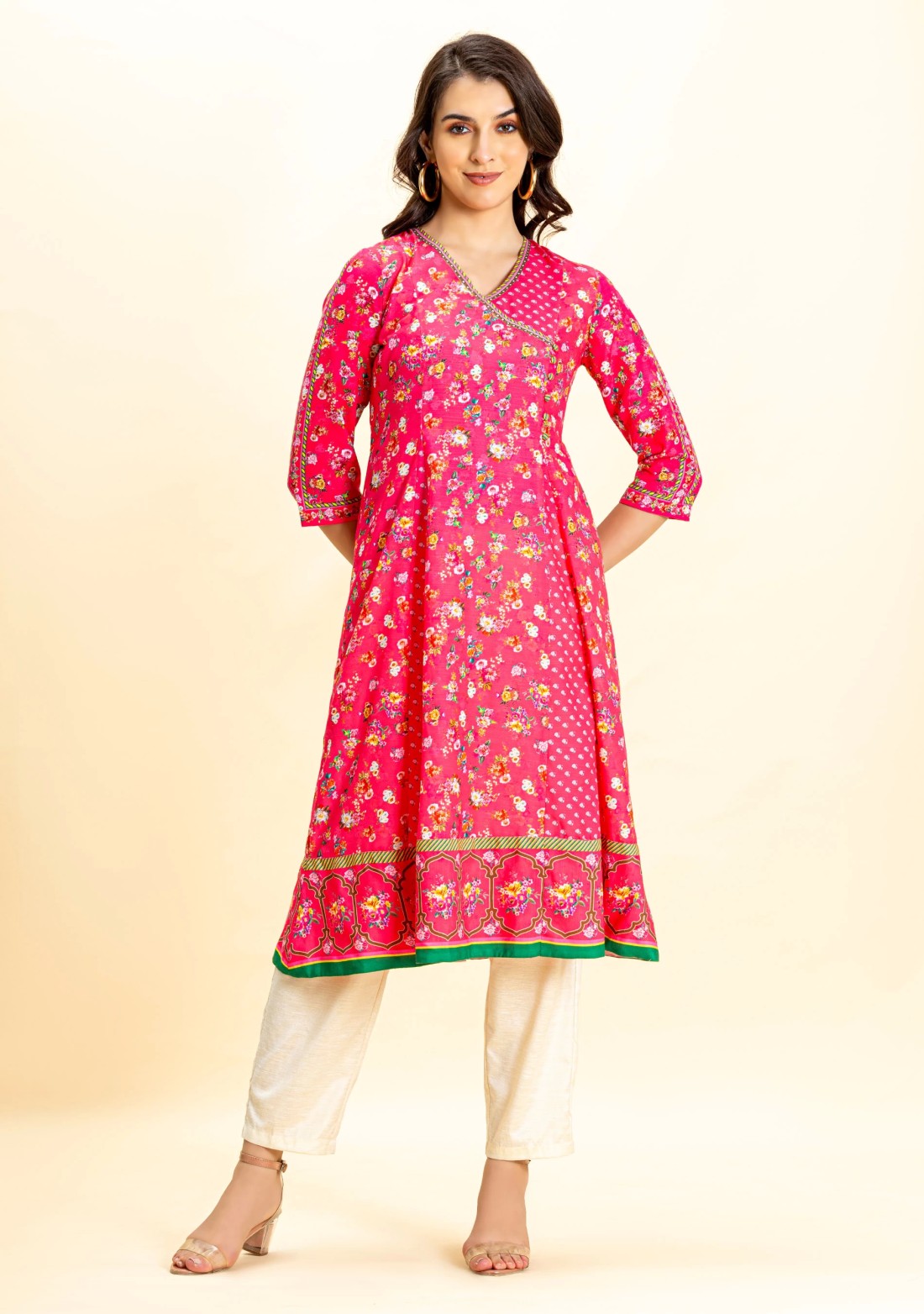 Pink Floral Print Flared Kurta