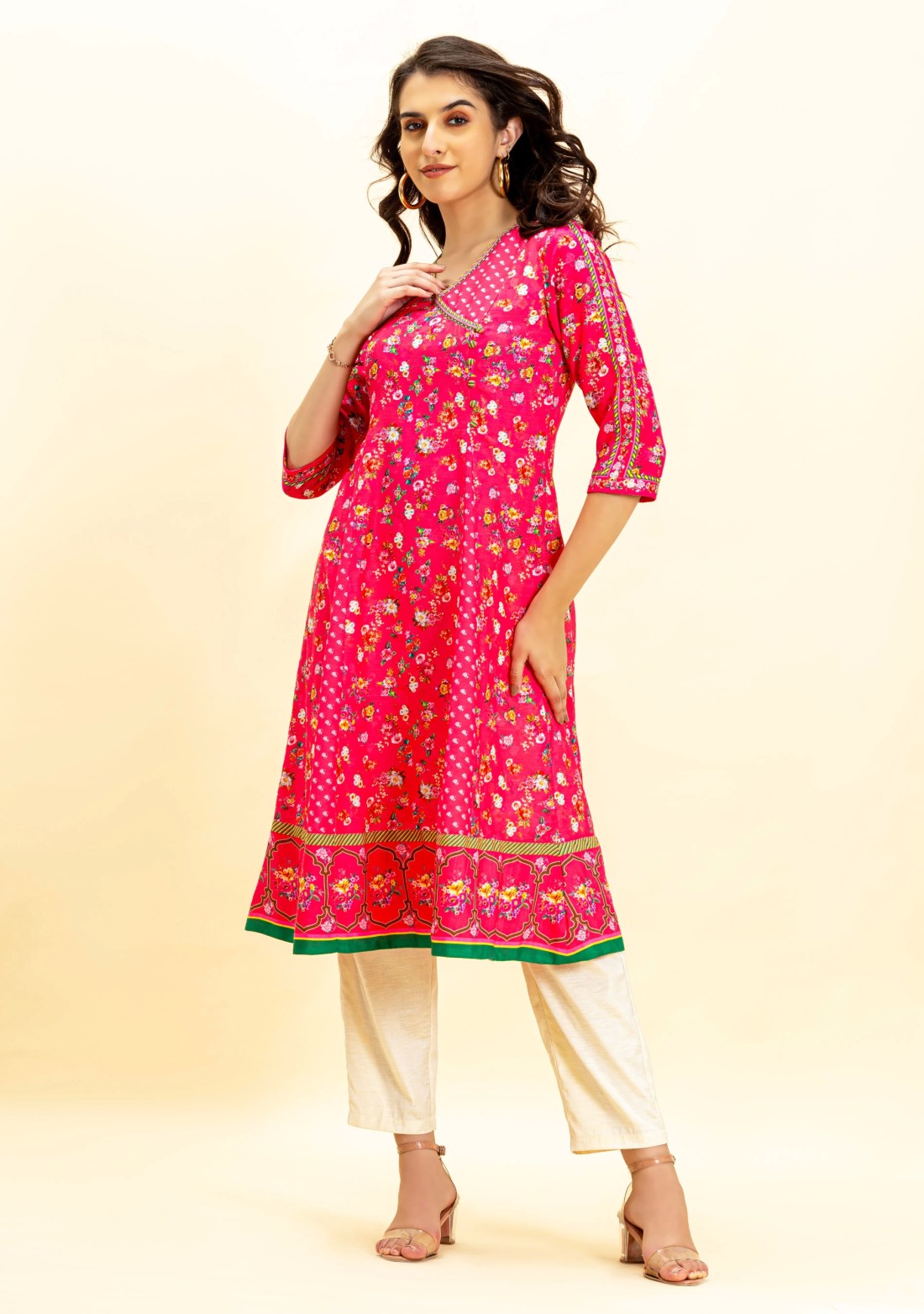 Pink Floral Print Flared Kurta