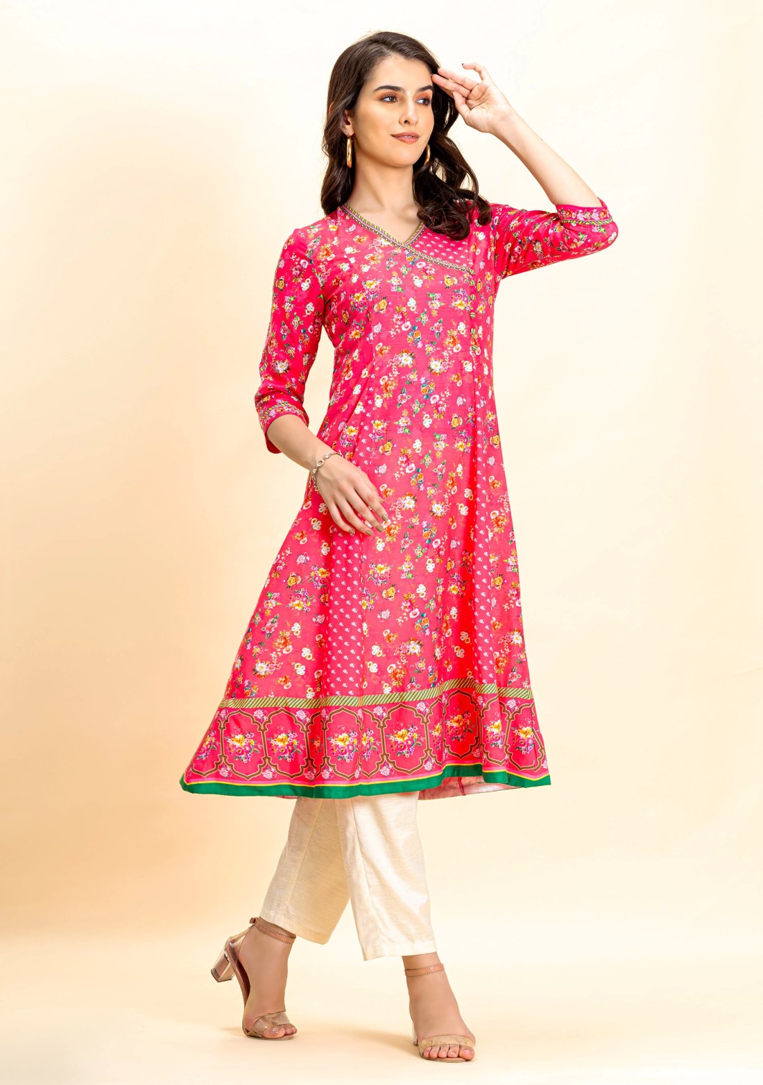 Pink Floral Print Flared Kurta