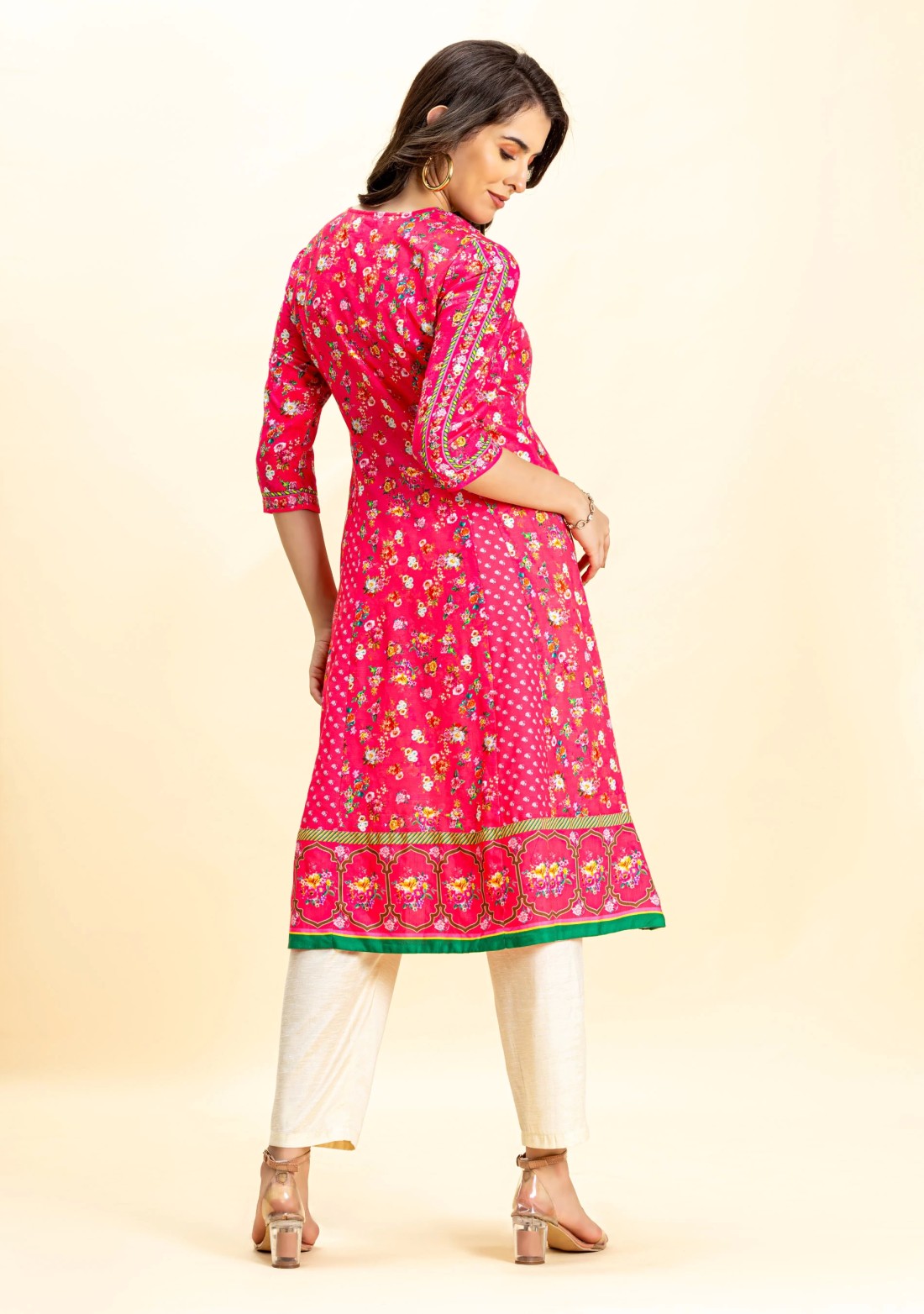 Pink Floral Print Flared Kurta