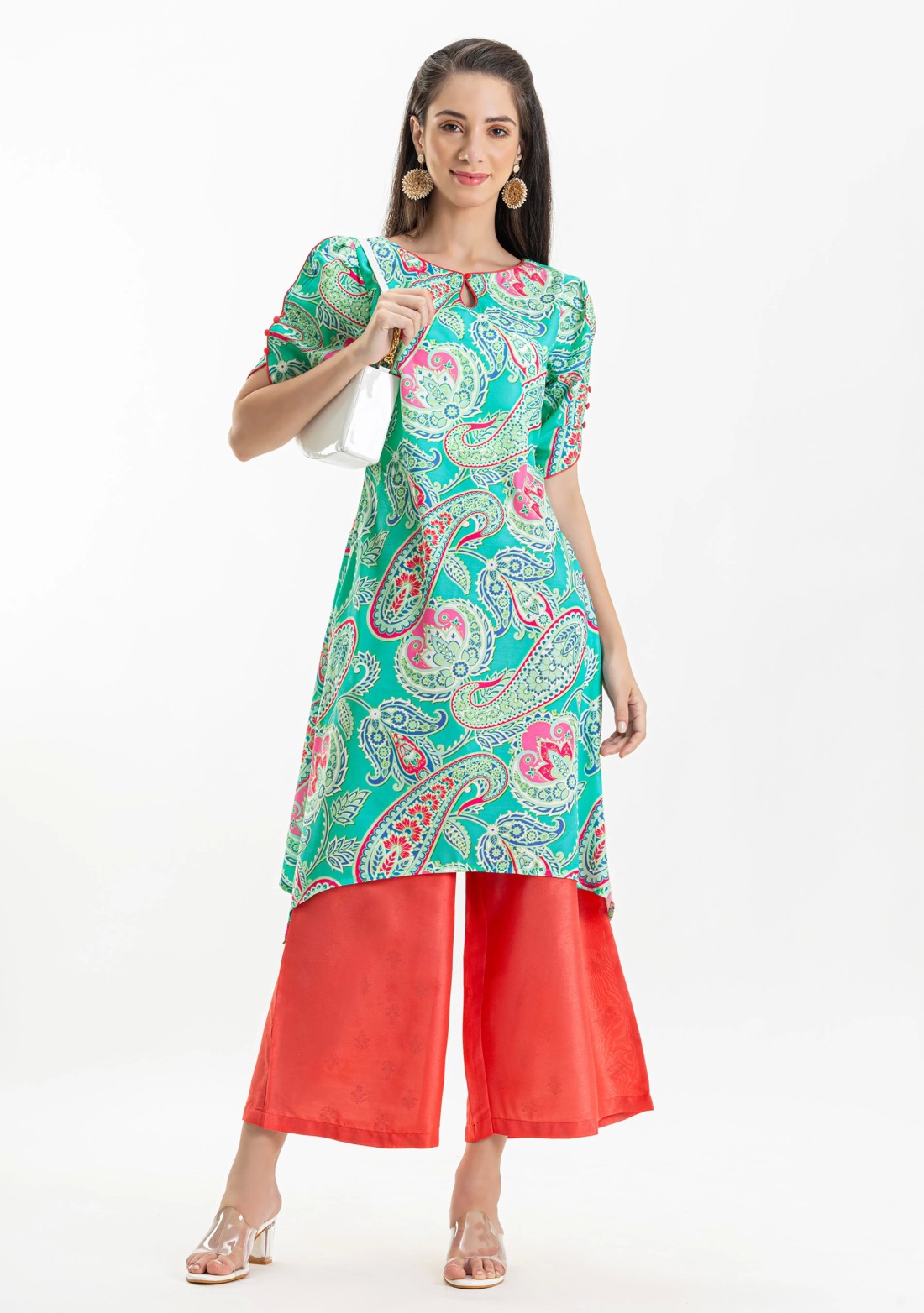 Green Paisley Print Rayon A-Line Kurta