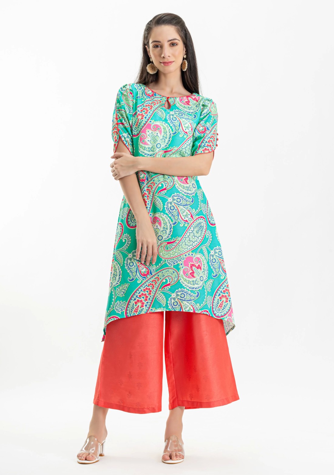 Green Paisley Print Rayon A-Line Kurta