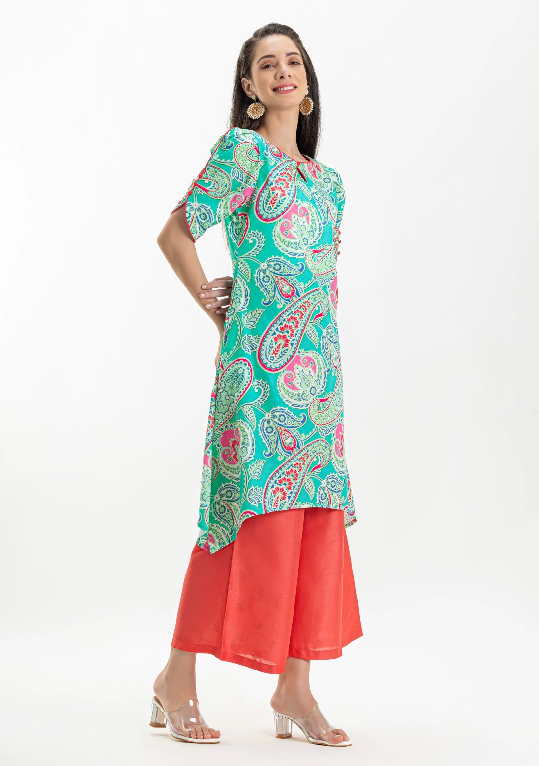 Green Paisley Print Rayon A-Line Kurta