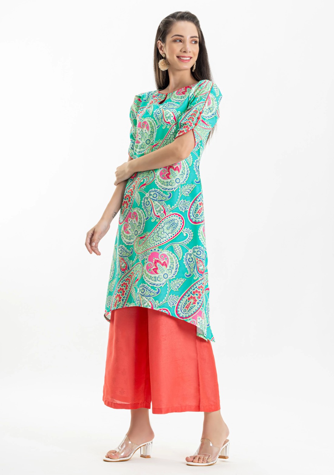 Green Paisley Print Rayon A-Line Kurta