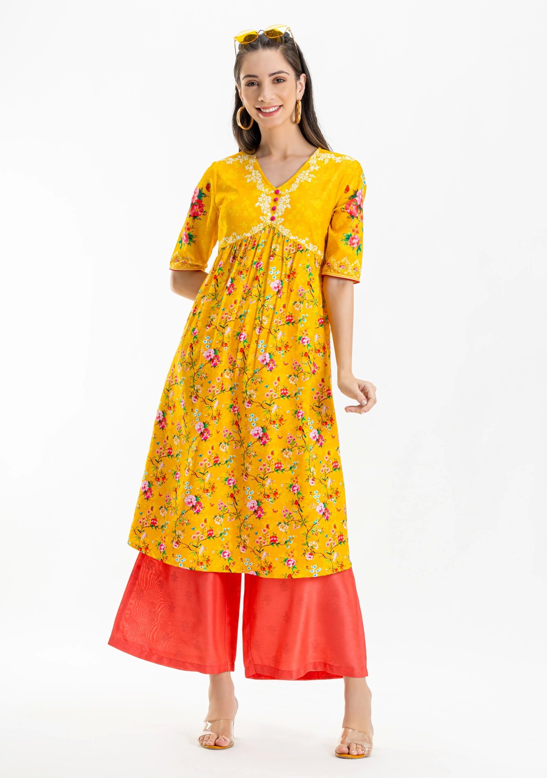 Yellow Floral Print Rayon A-Line Kurta