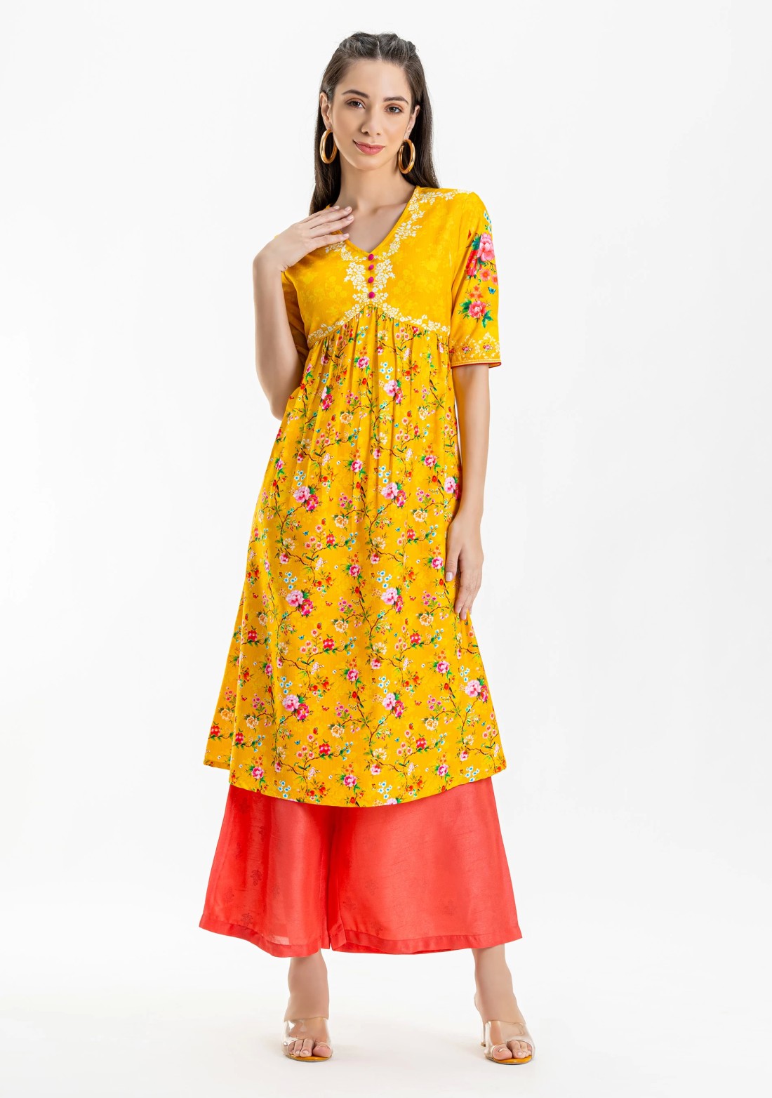 Yellow Floral Print Rayon A-Line Kurta