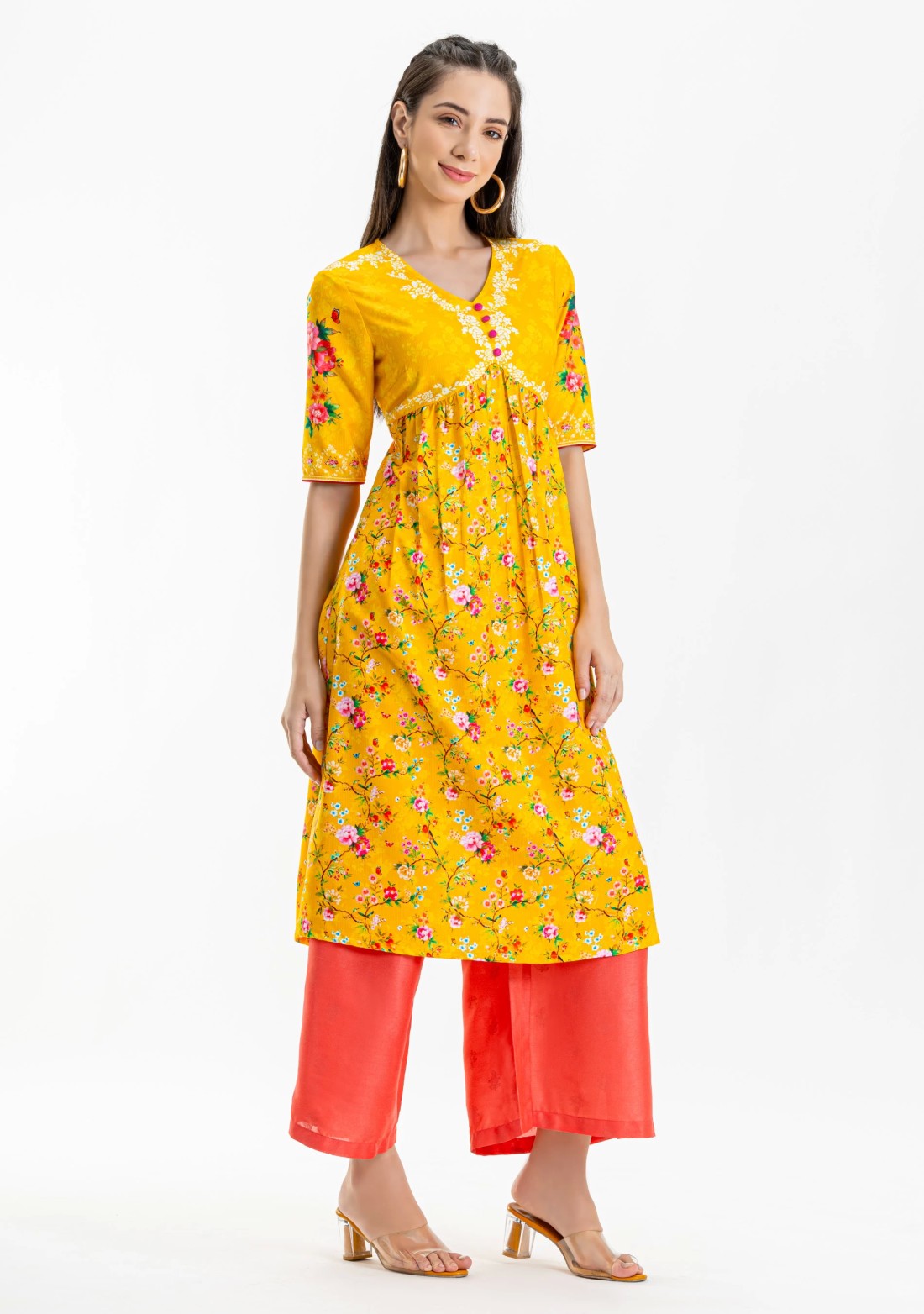 Yellow Floral Print Rayon A-Line Kurta