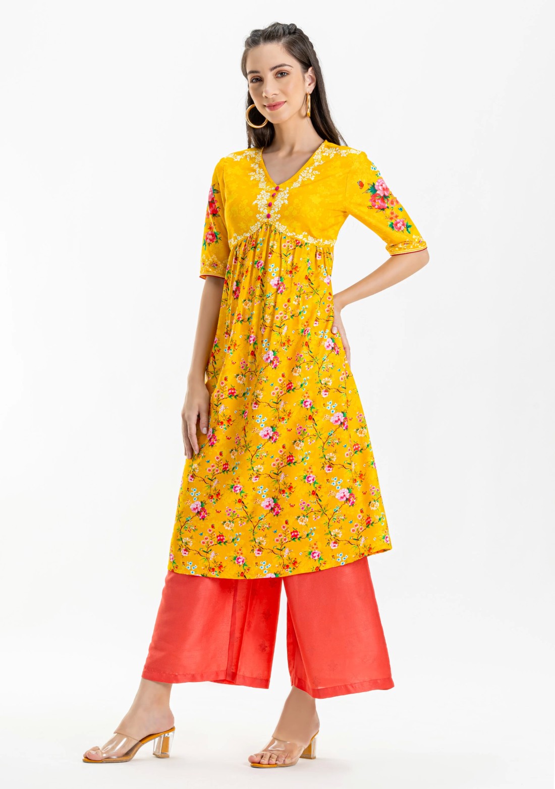 Yellow Floral Print Rayon A-Line Kurta