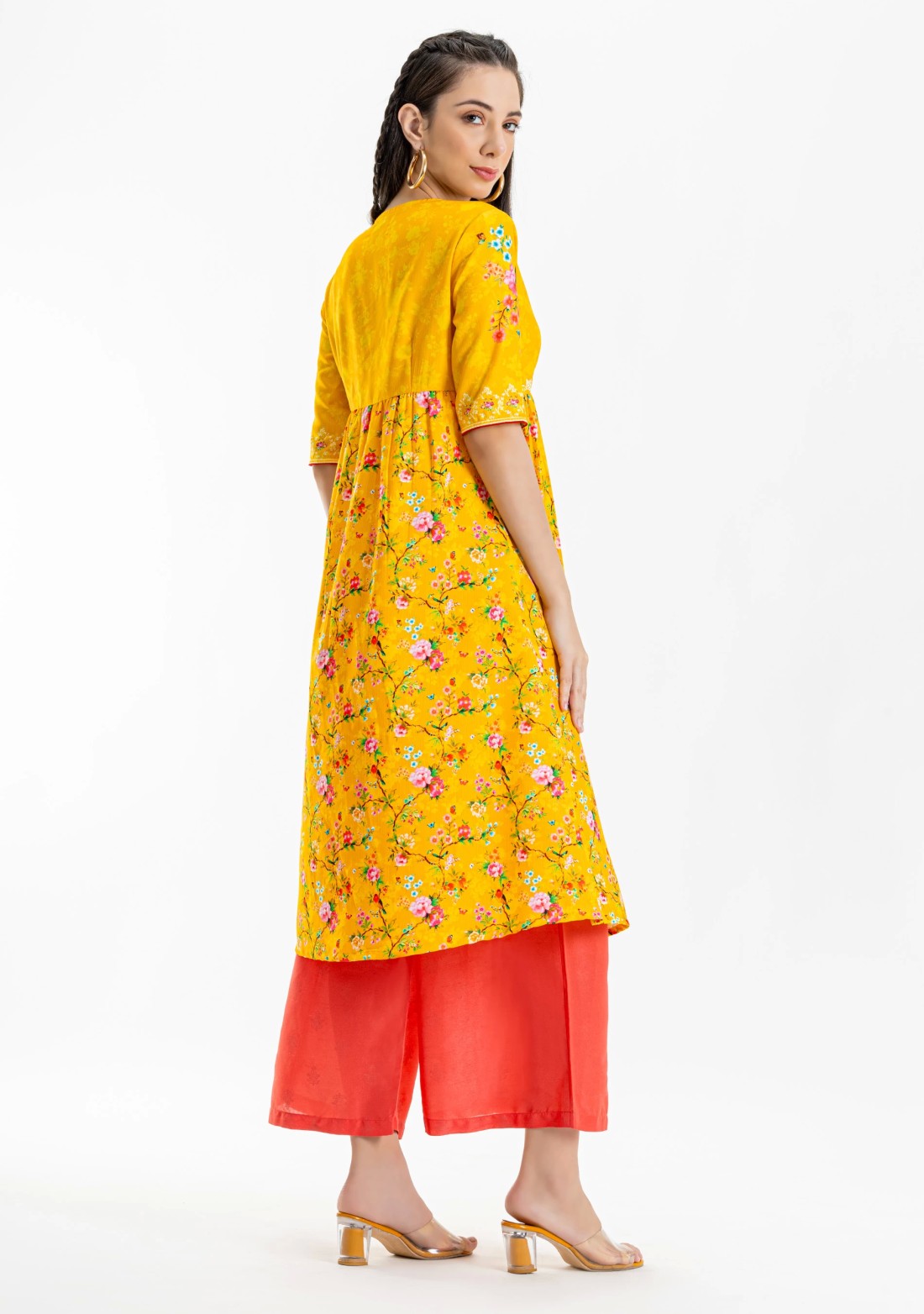 Yellow Floral Print Rayon A-Line Kurta