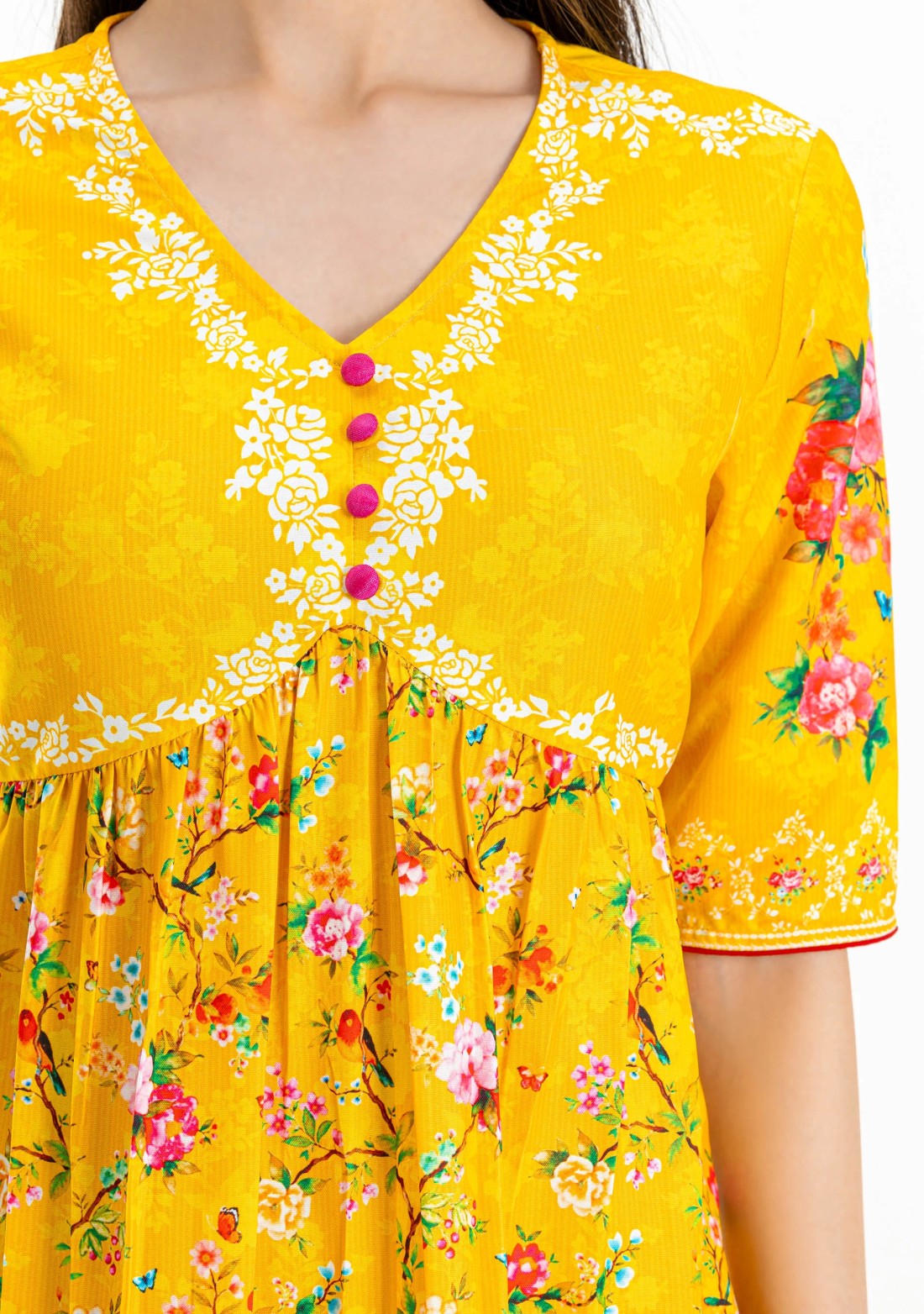 Yellow Floral Print Rayon A-Line Kurta