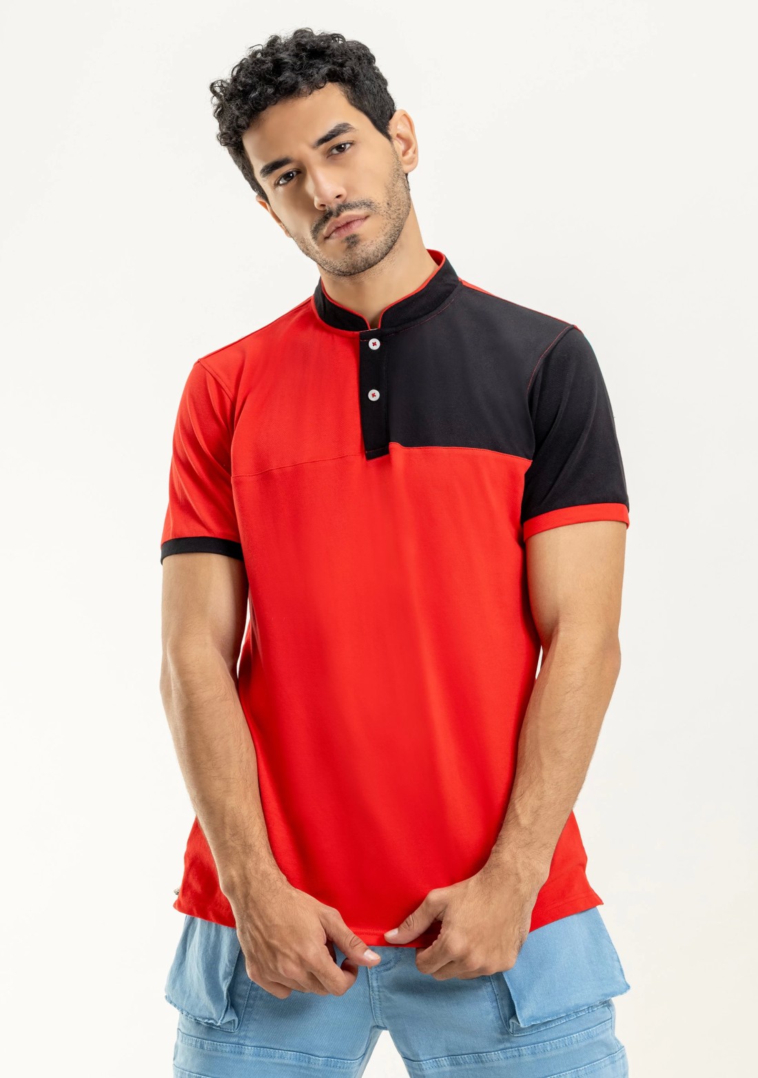 Red & Black Regular Fit Men's Henley Collar T-Shirt