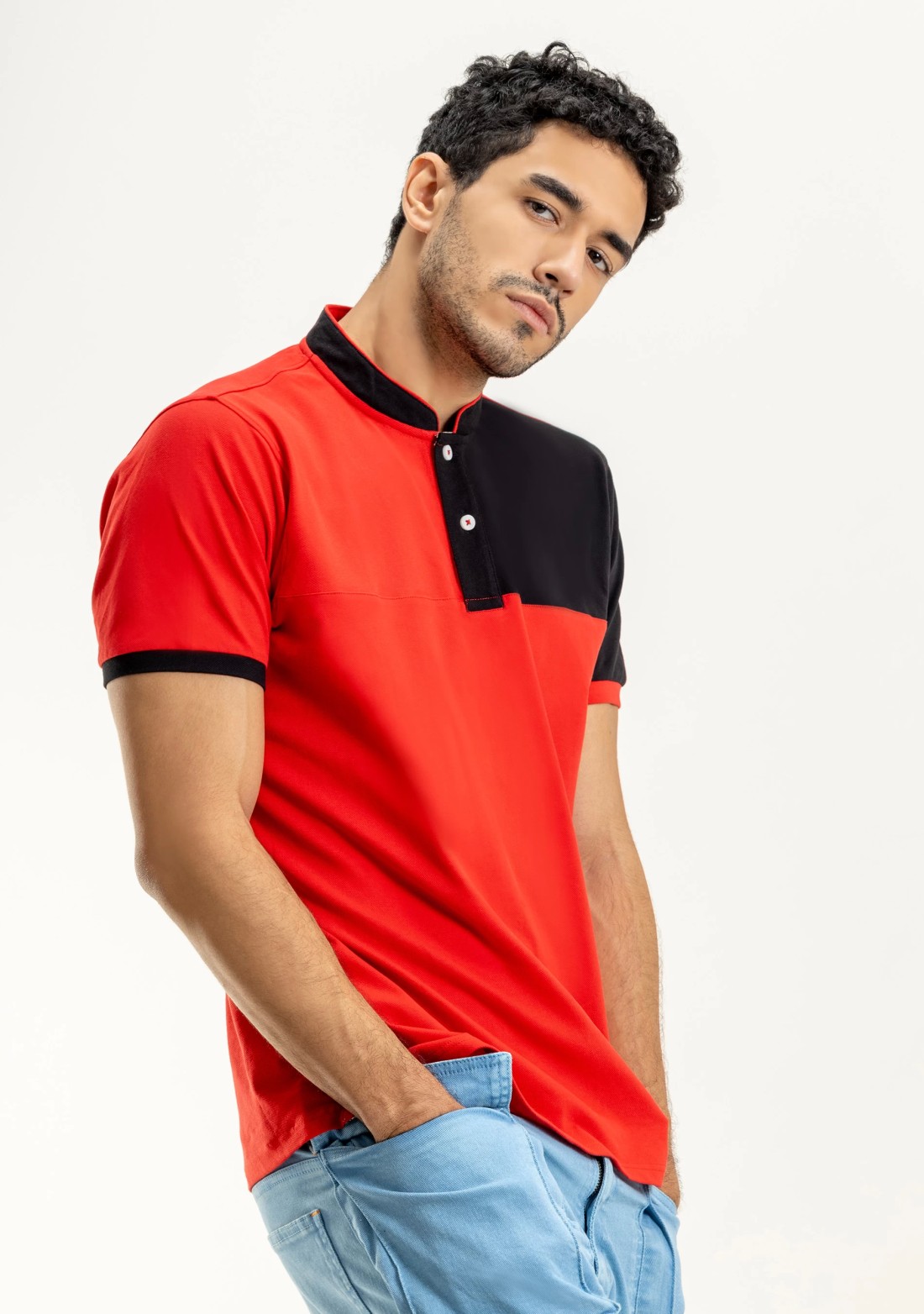 Red & Black Regular Fit Men's Henley Collar T-Shirt