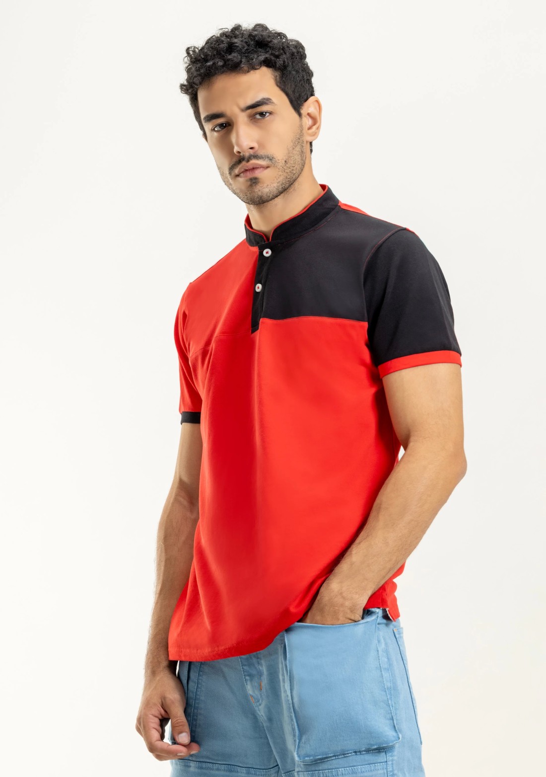 Red & Black Regular Fit Men's Henley Collar T-Shirt