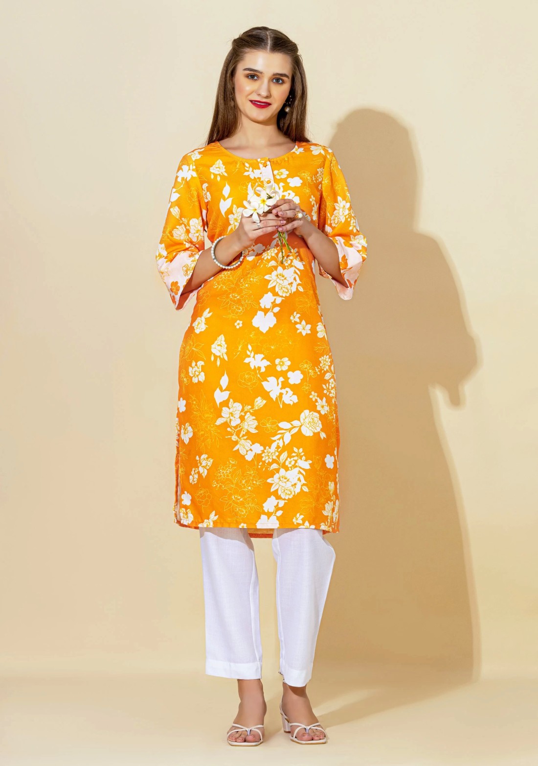 Yellow Floral Print Rayon Straight Kurta