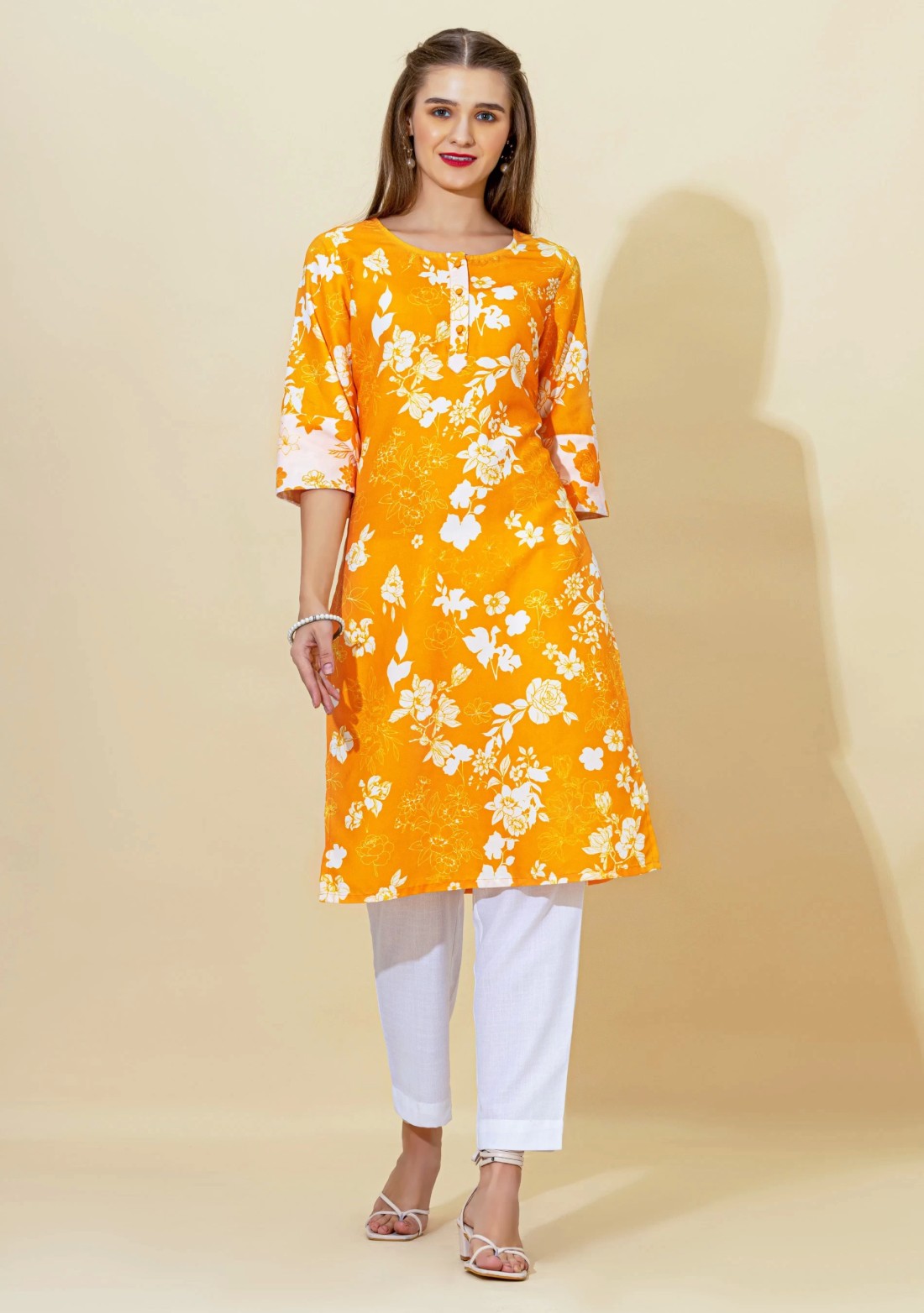 Yellow Floral Print Rayon Straight Kurta