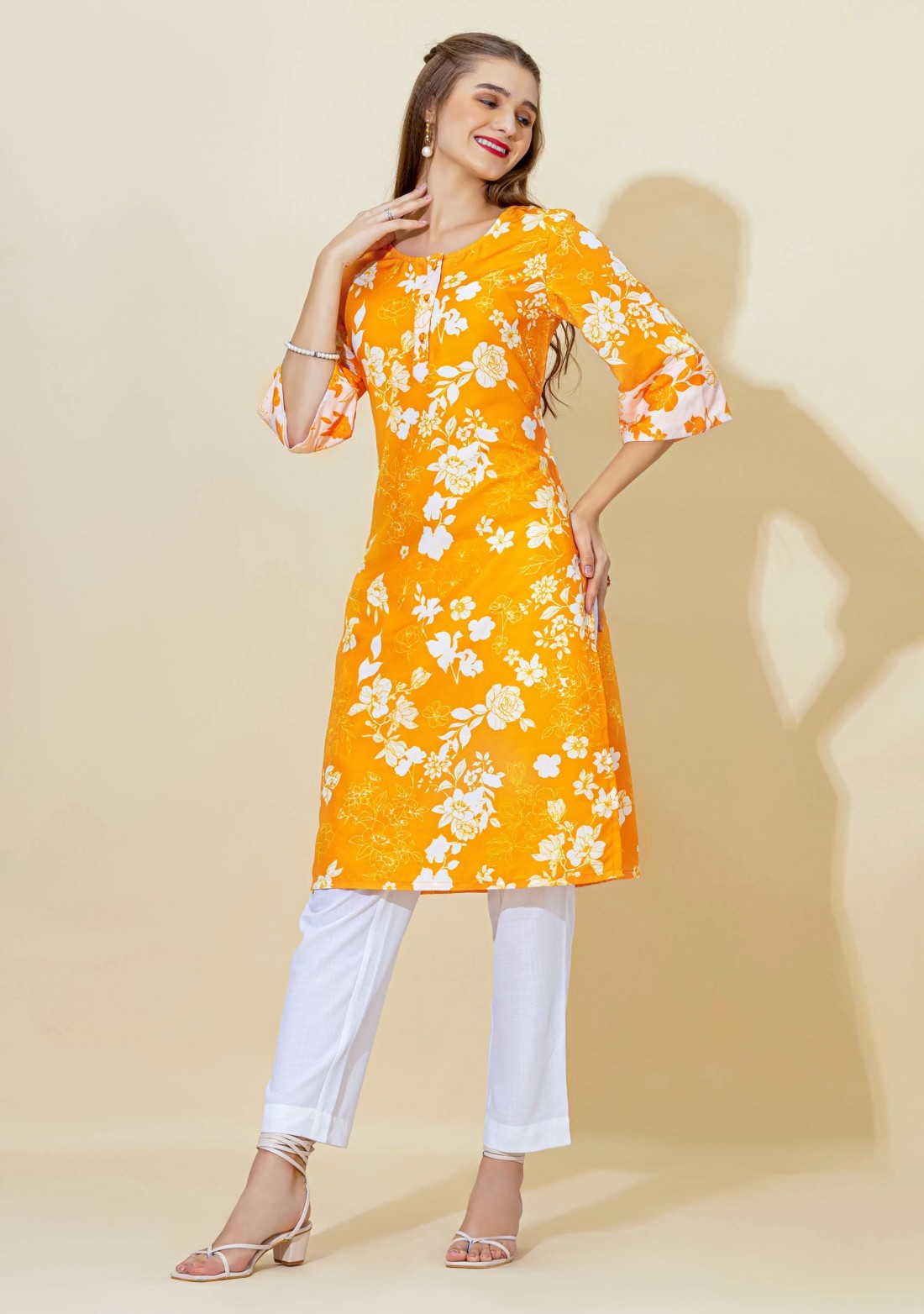 Yellow Floral Print Rayon Straight Kurta