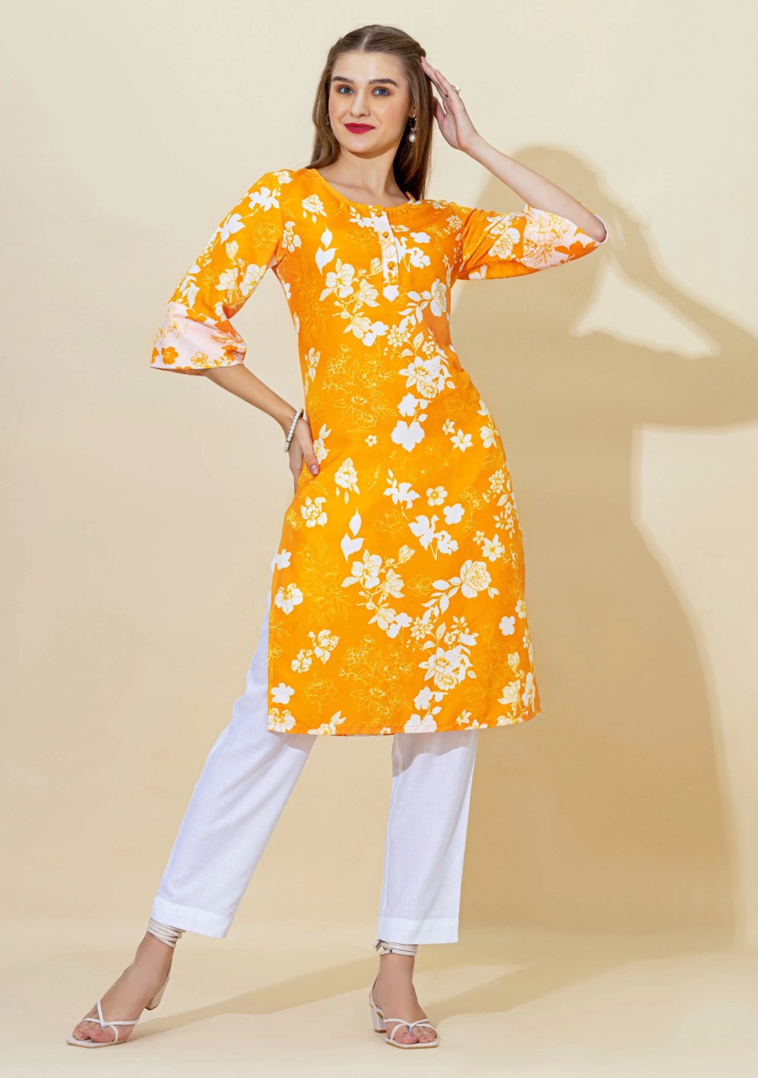 Yellow Floral Print Rayon Straight Kurta