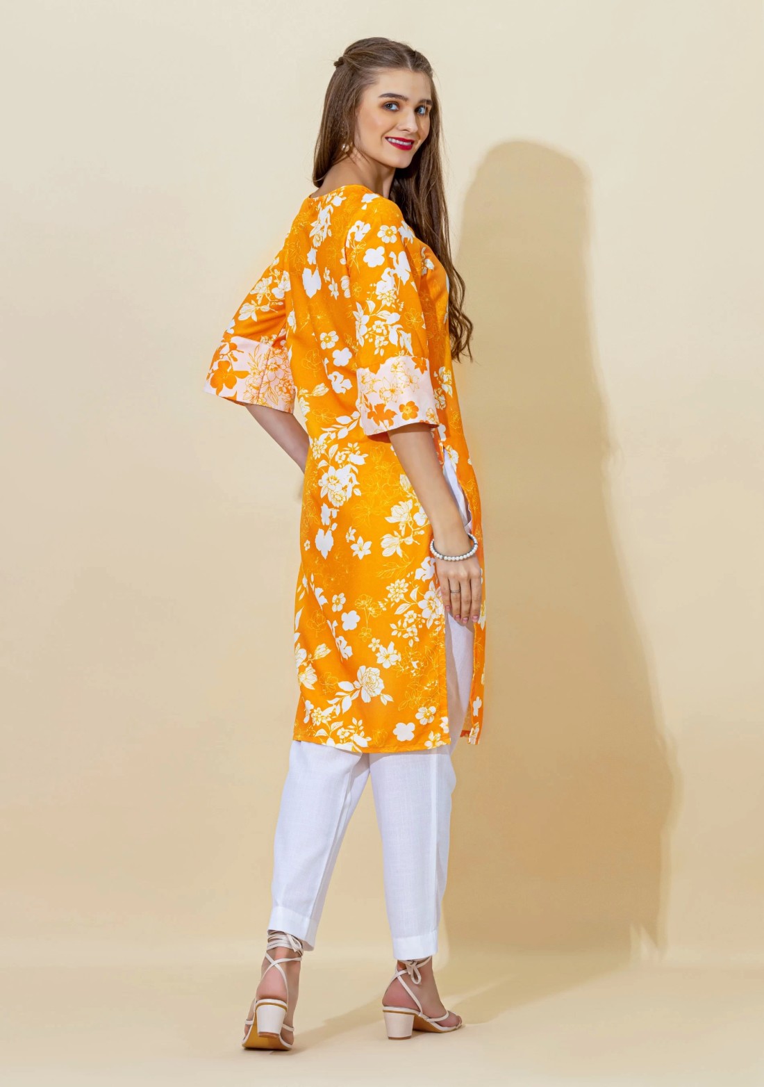 Yellow Floral Print Rayon Straight Kurta