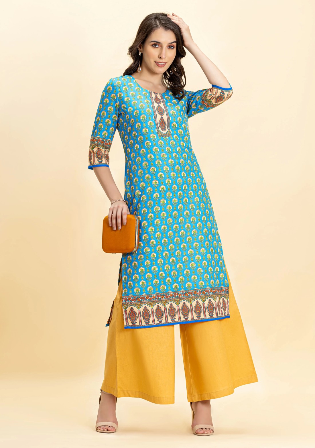 Blue Ethnic Print Rayon Straight Kurta