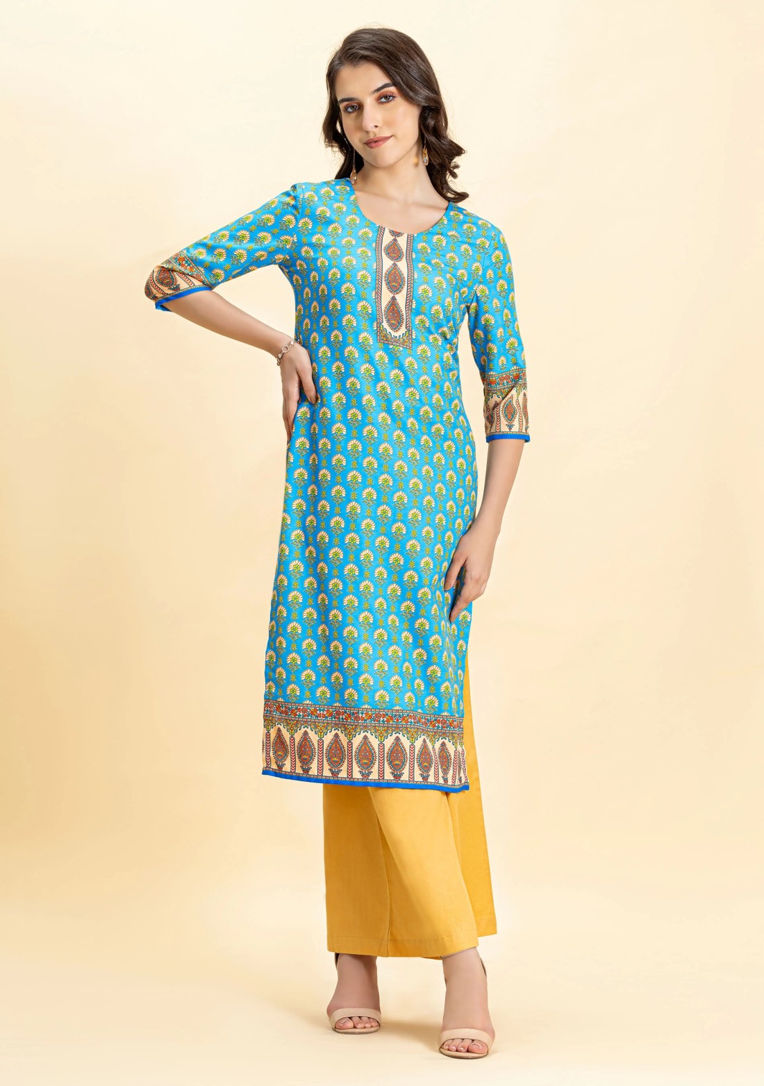 Blue Ethnic Print Rayon Straight Kurta