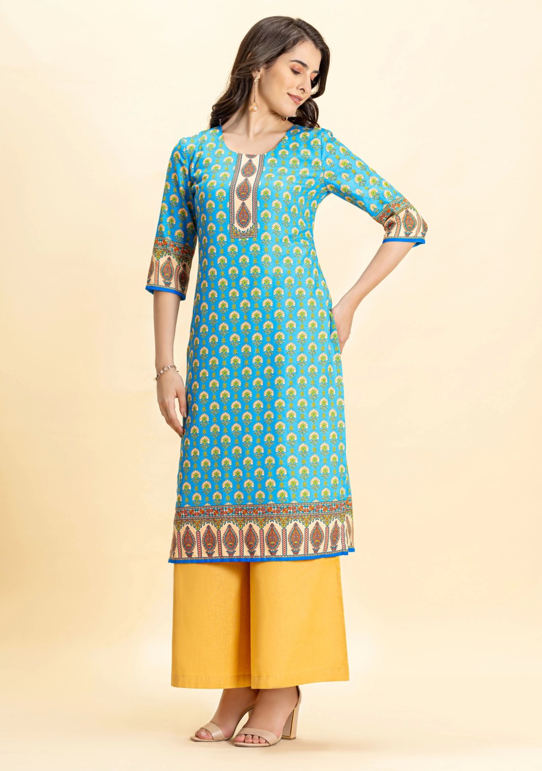 Blue Ethnic Print Rayon Straight Kurta