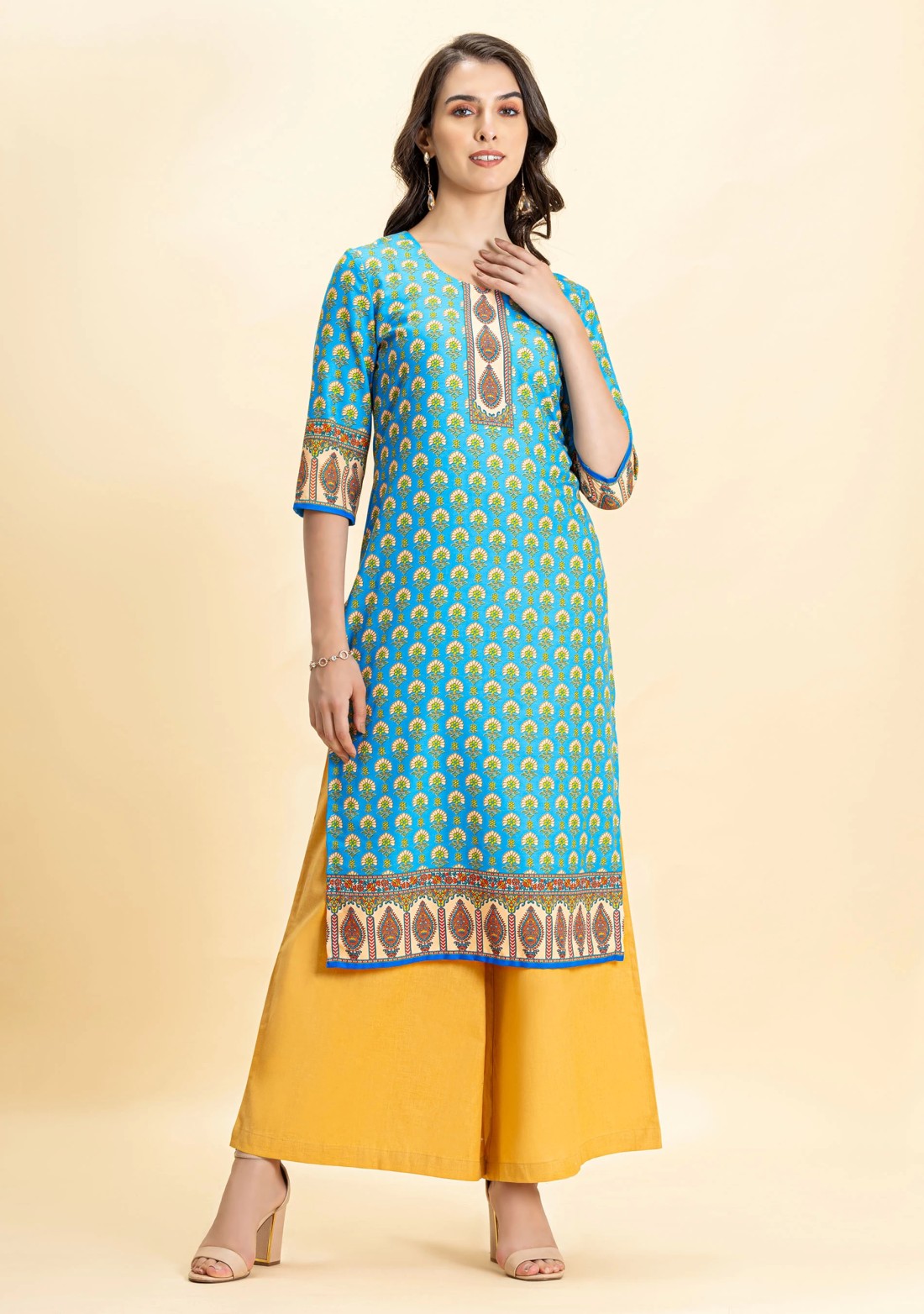 Blue Ethnic Print Rayon Straight Kurta