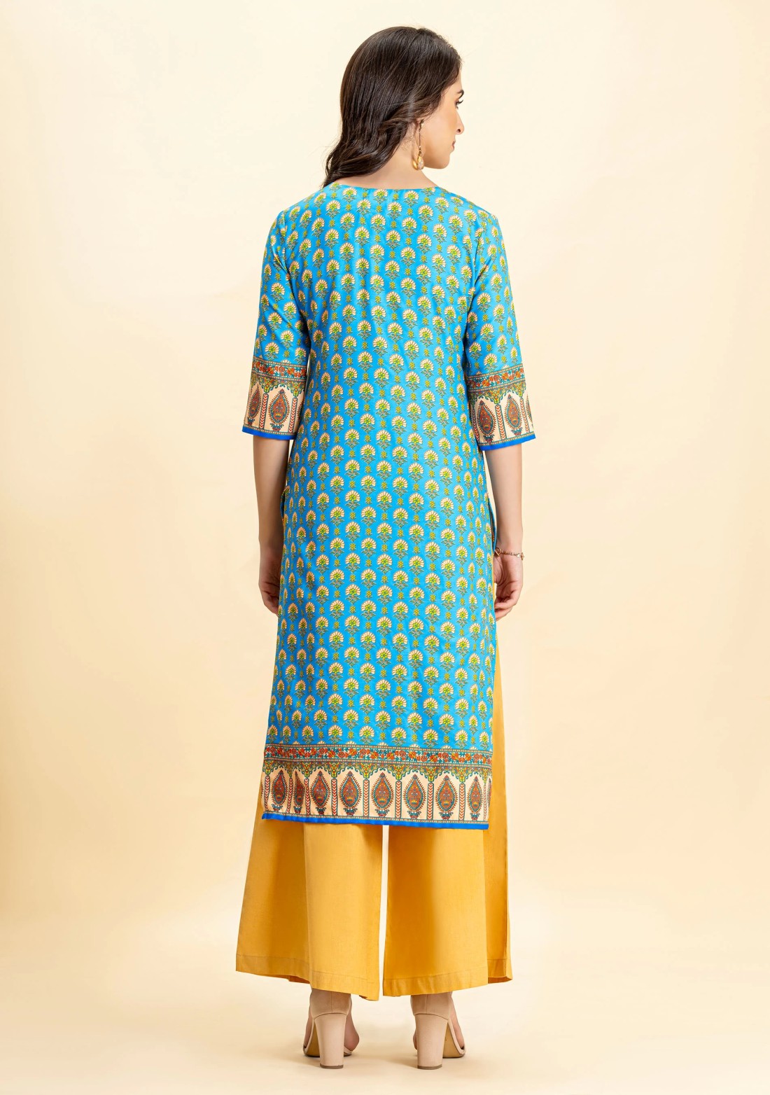 Blue Ethnic Print Rayon Straight Kurta