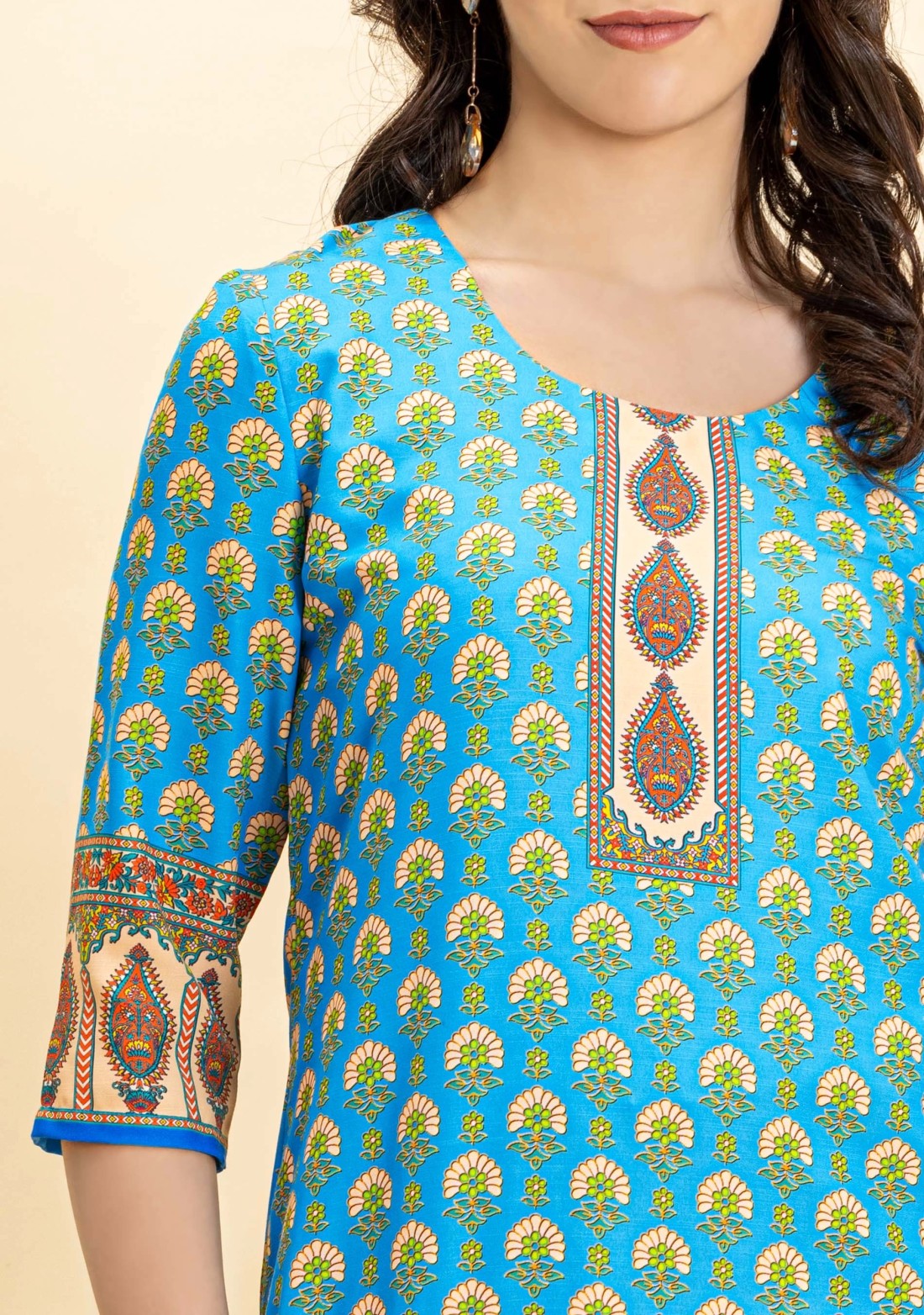 Blue Ethnic Print Rayon Straight Kurta