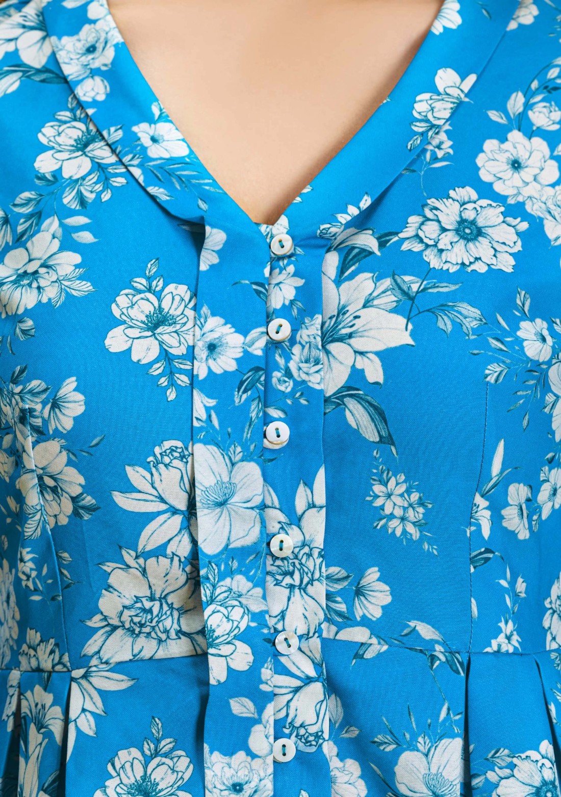 Blue Floral Print Rayon Button Down Top