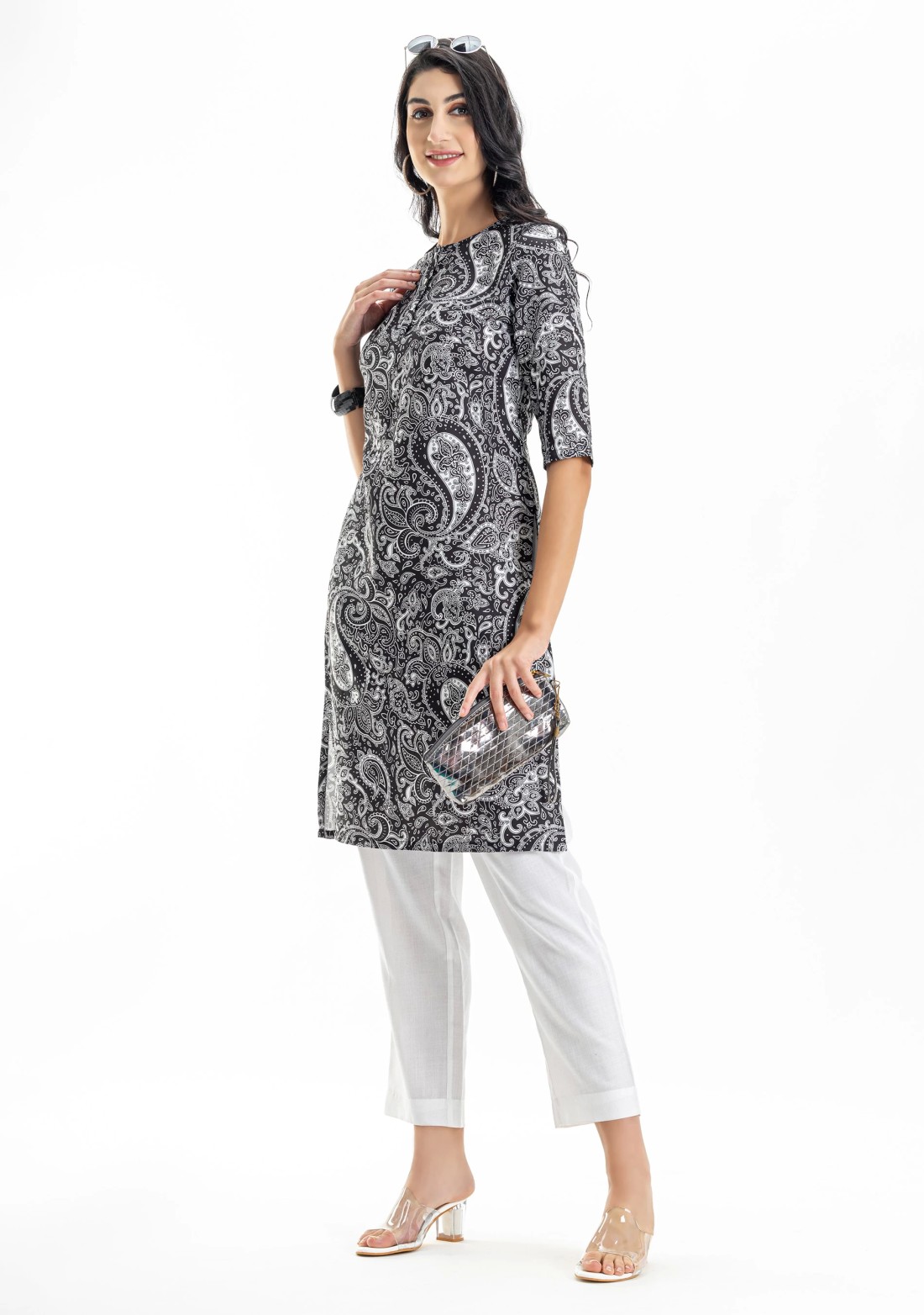 Black Ethnic Print Rayon Straight Kurta