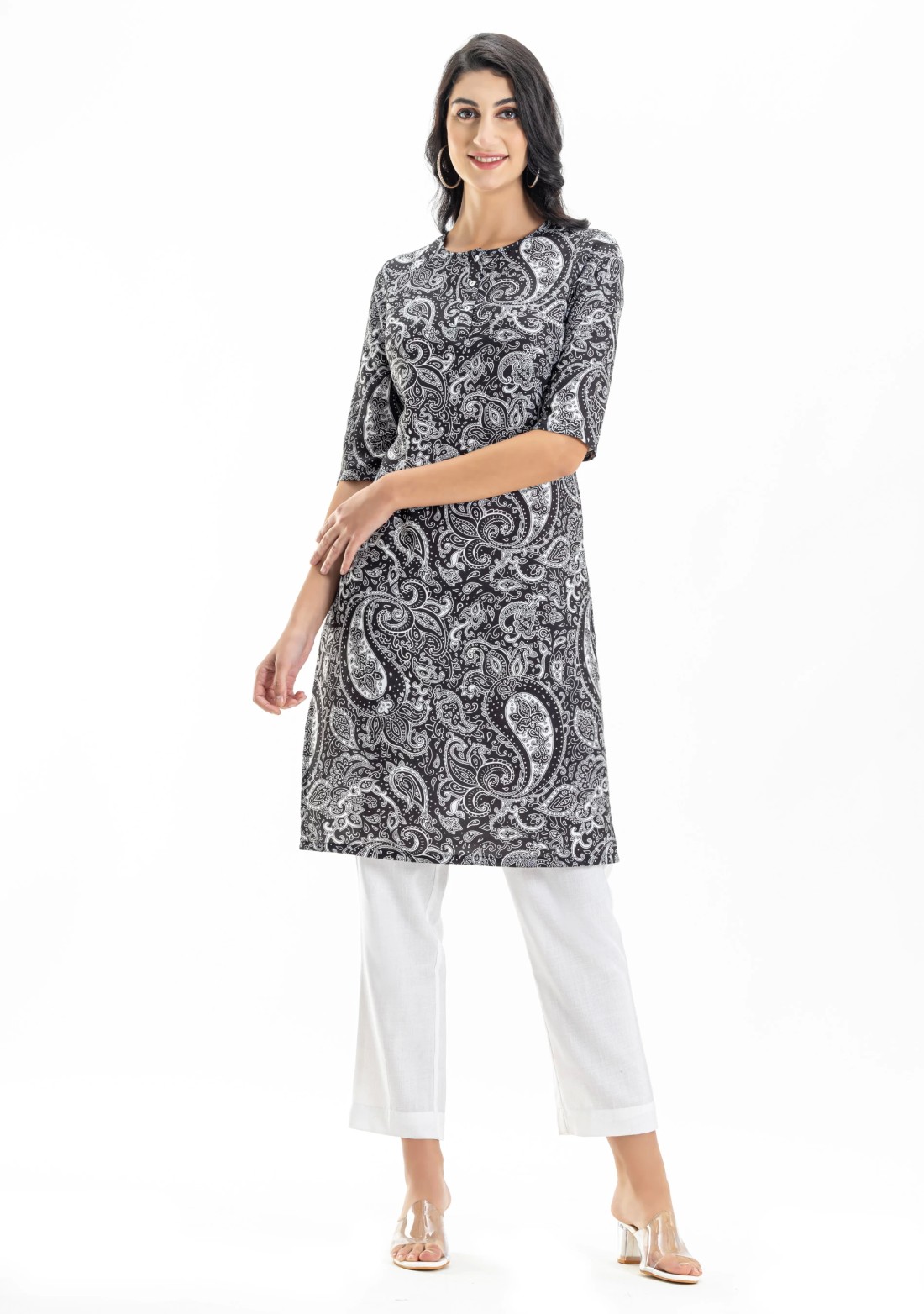 Black Ethnic Print Rayon Straight Kurta