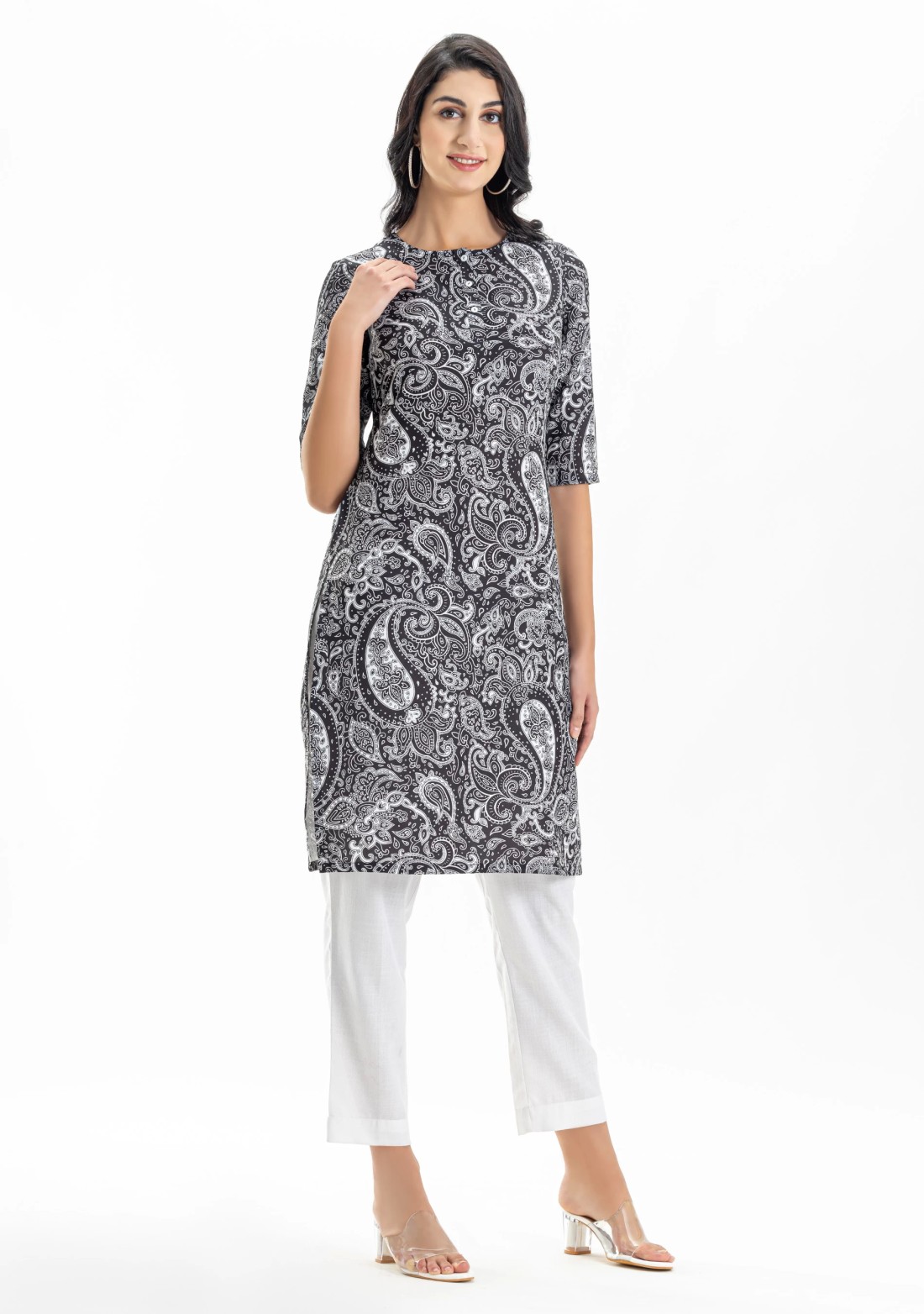 Black Ethnic Print Rayon Straight Kurta