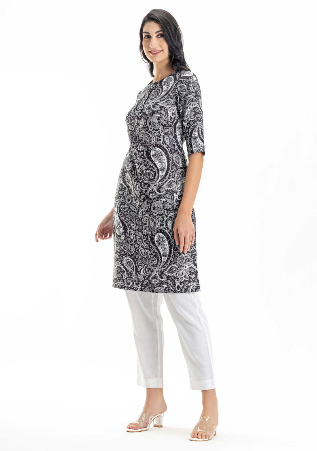 Black Ethnic Print Rayon Straight Kurta