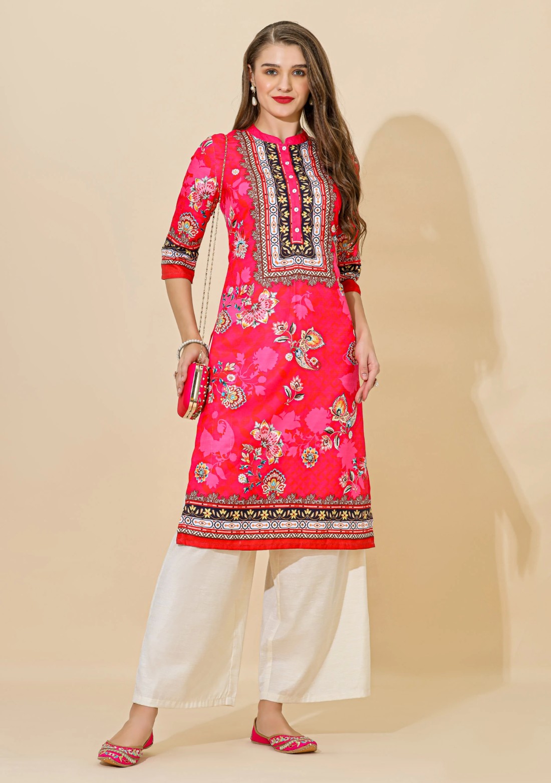 Pink Ethnic Motif Print Rayon Straight Kurta