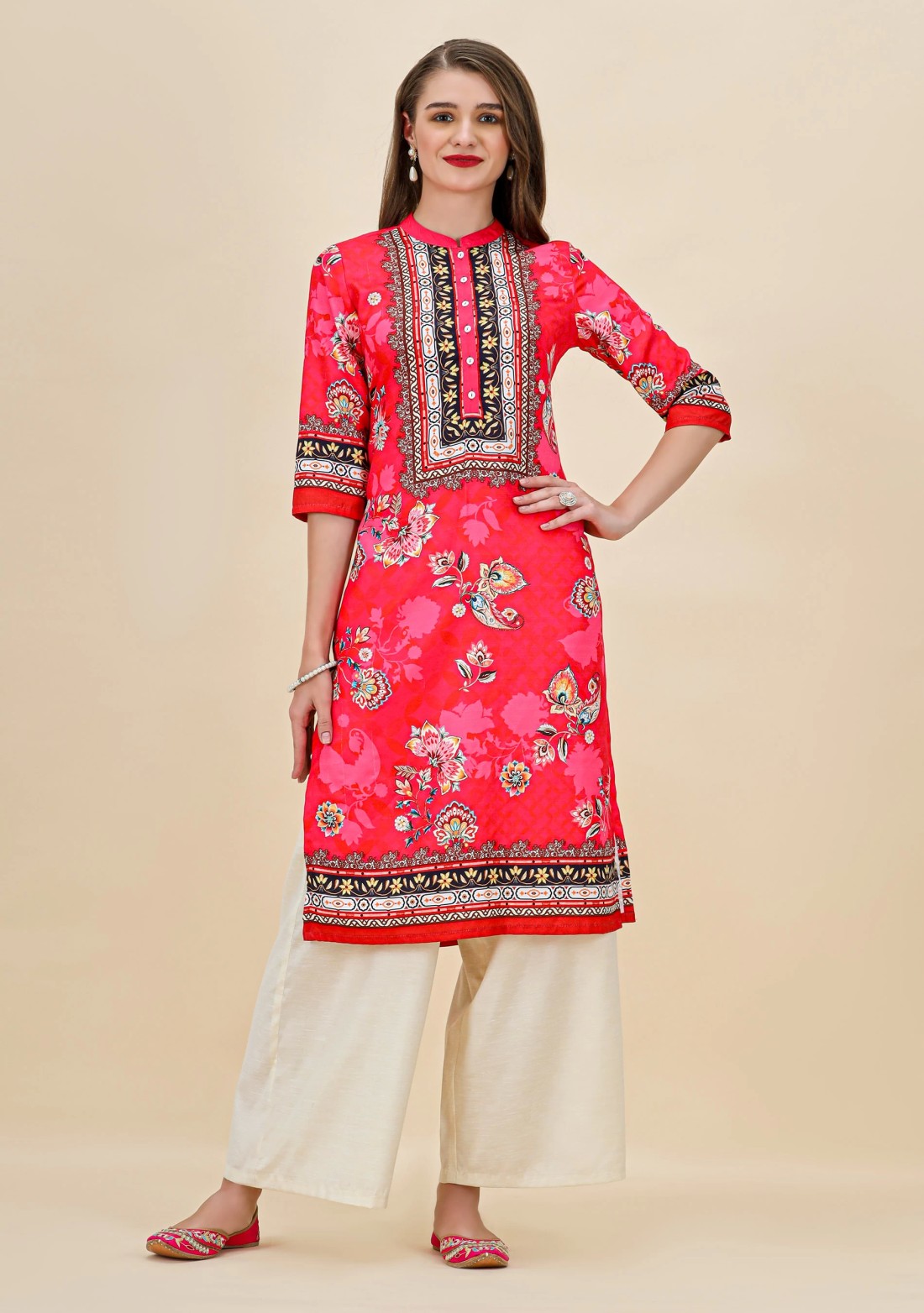 Pink Ethnic Motif Print Rayon Straight Kurta