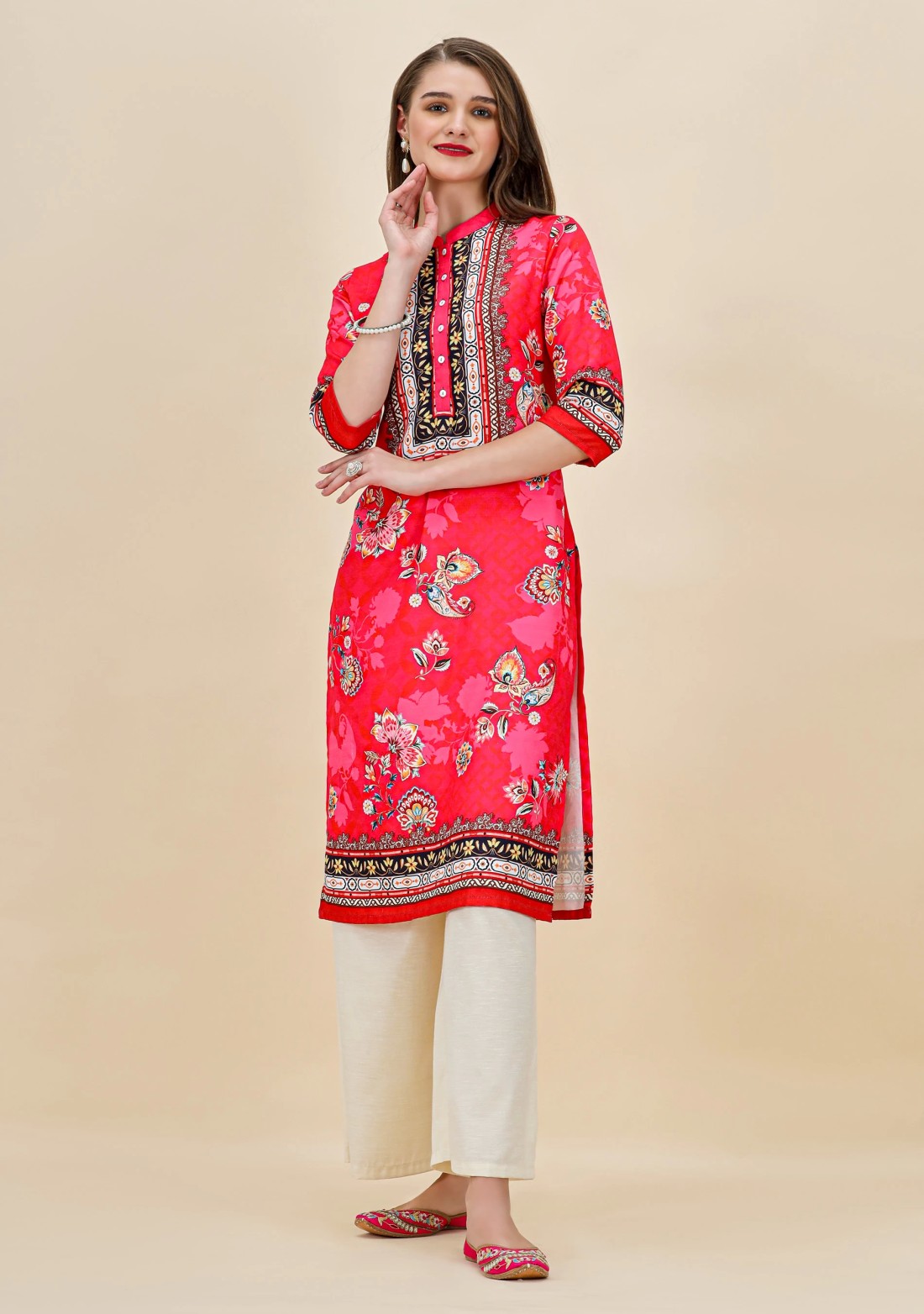 Pink Ethnic Motif Print Rayon Straight Kurta