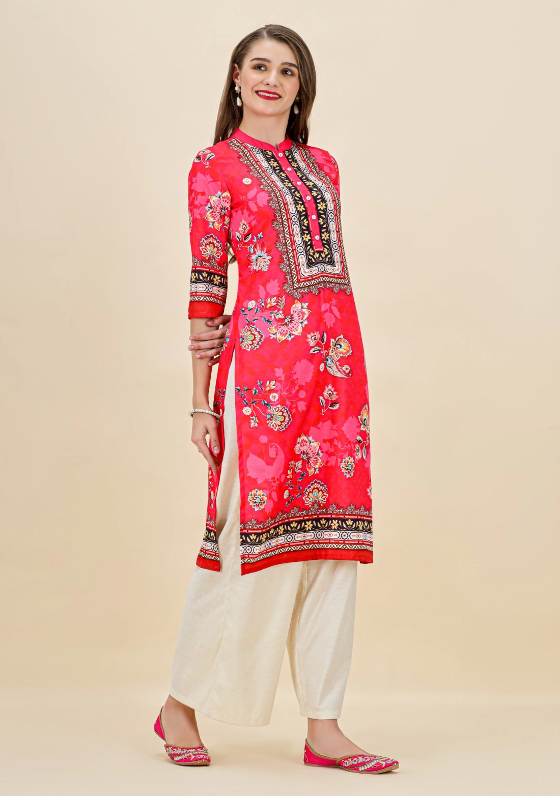 Pink Ethnic Motif Print Rayon Straight Kurta