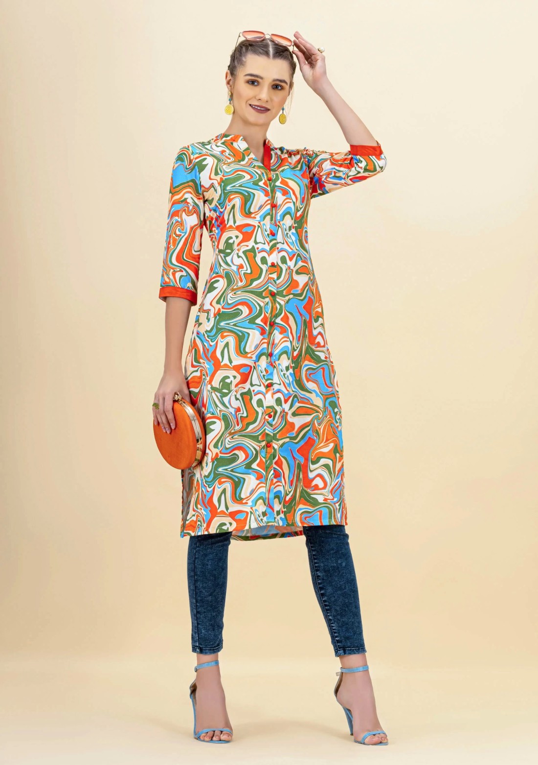 Multi Colour Marble Print Rayon Straight Kurta